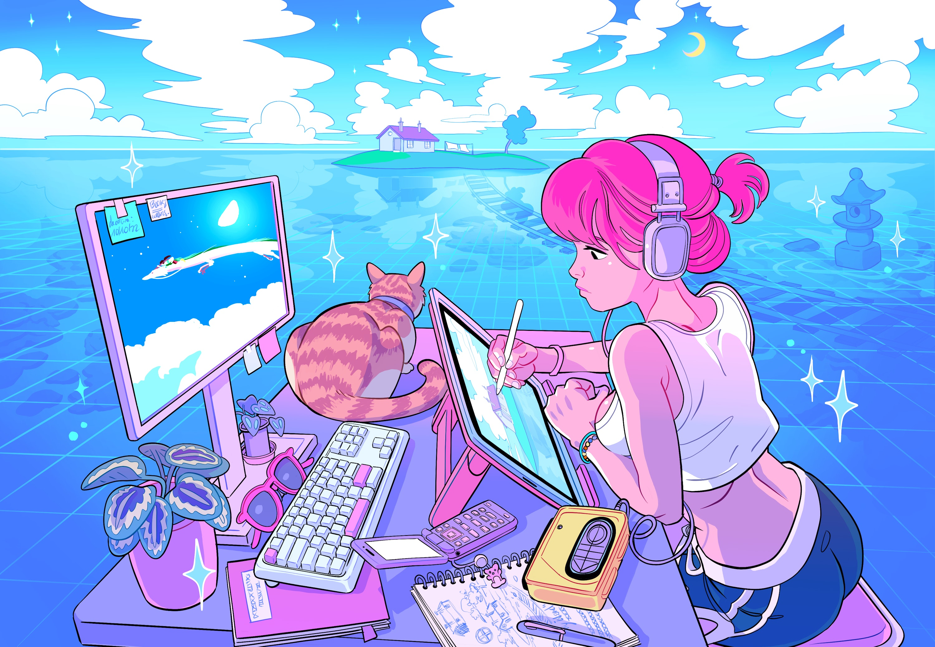 Girl with pink hair drawing on a tablet with a cat HD Wallpaper