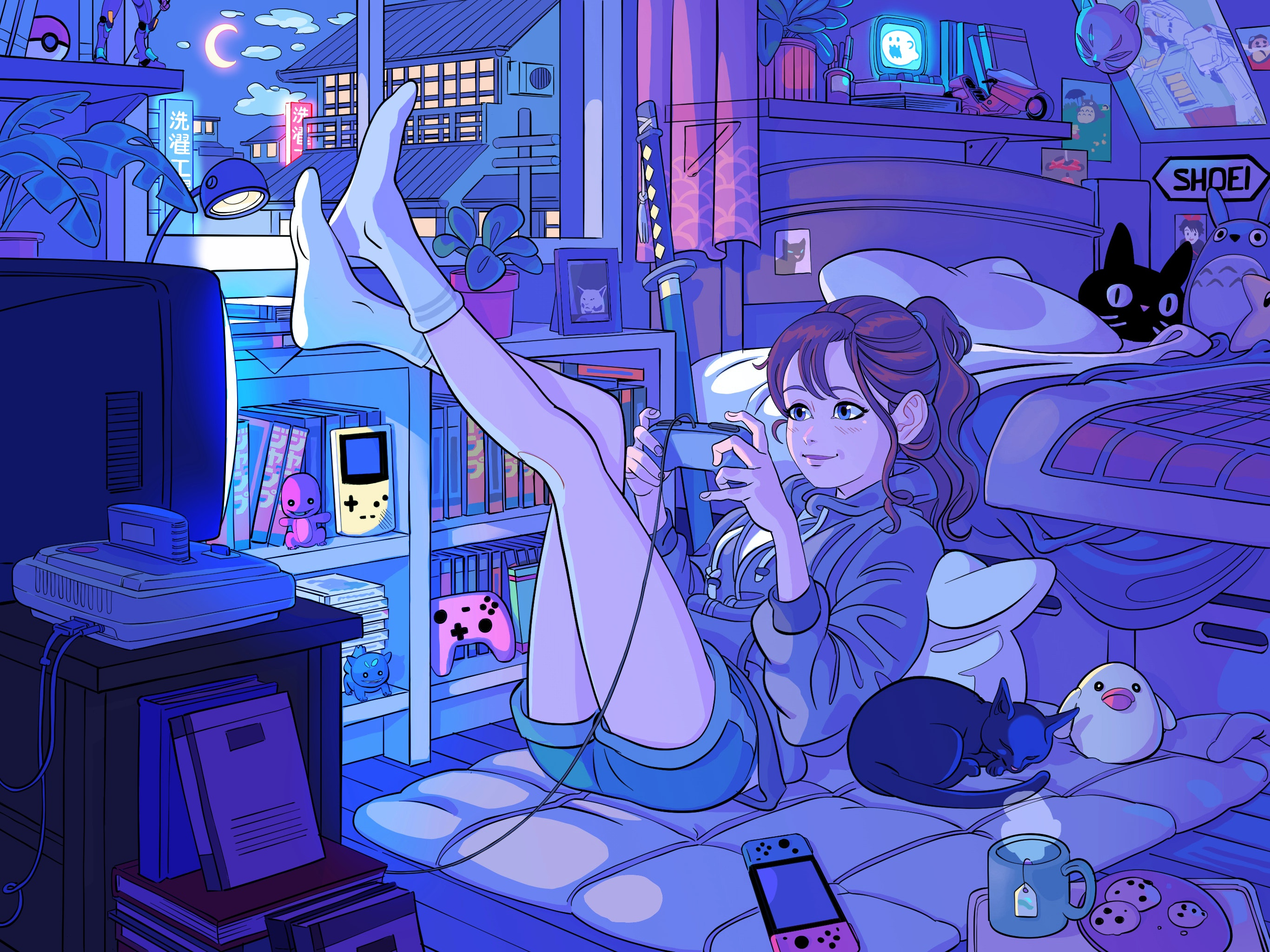 Girl playing video games in a blue-lit bedroom HD Wallpaper