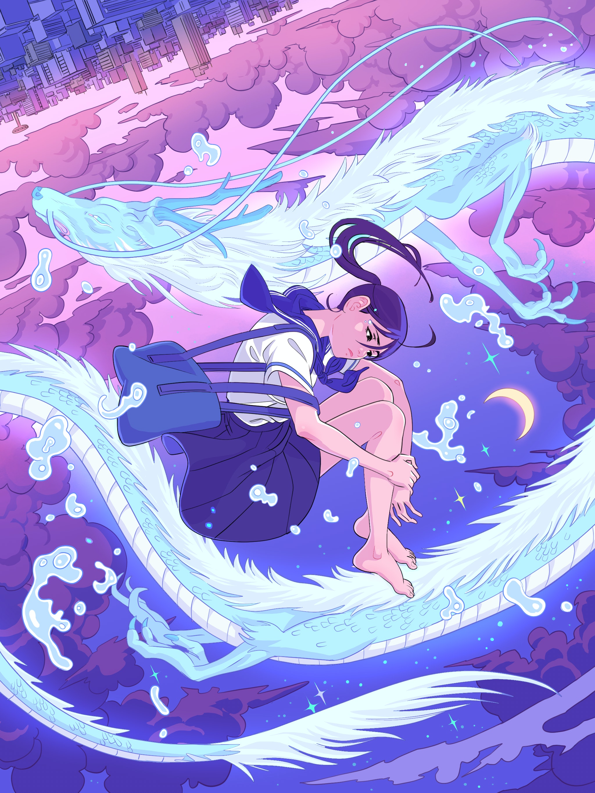 Schoolgirl on a Chinese Dragon flying through clouds HD Phone Wallpaper