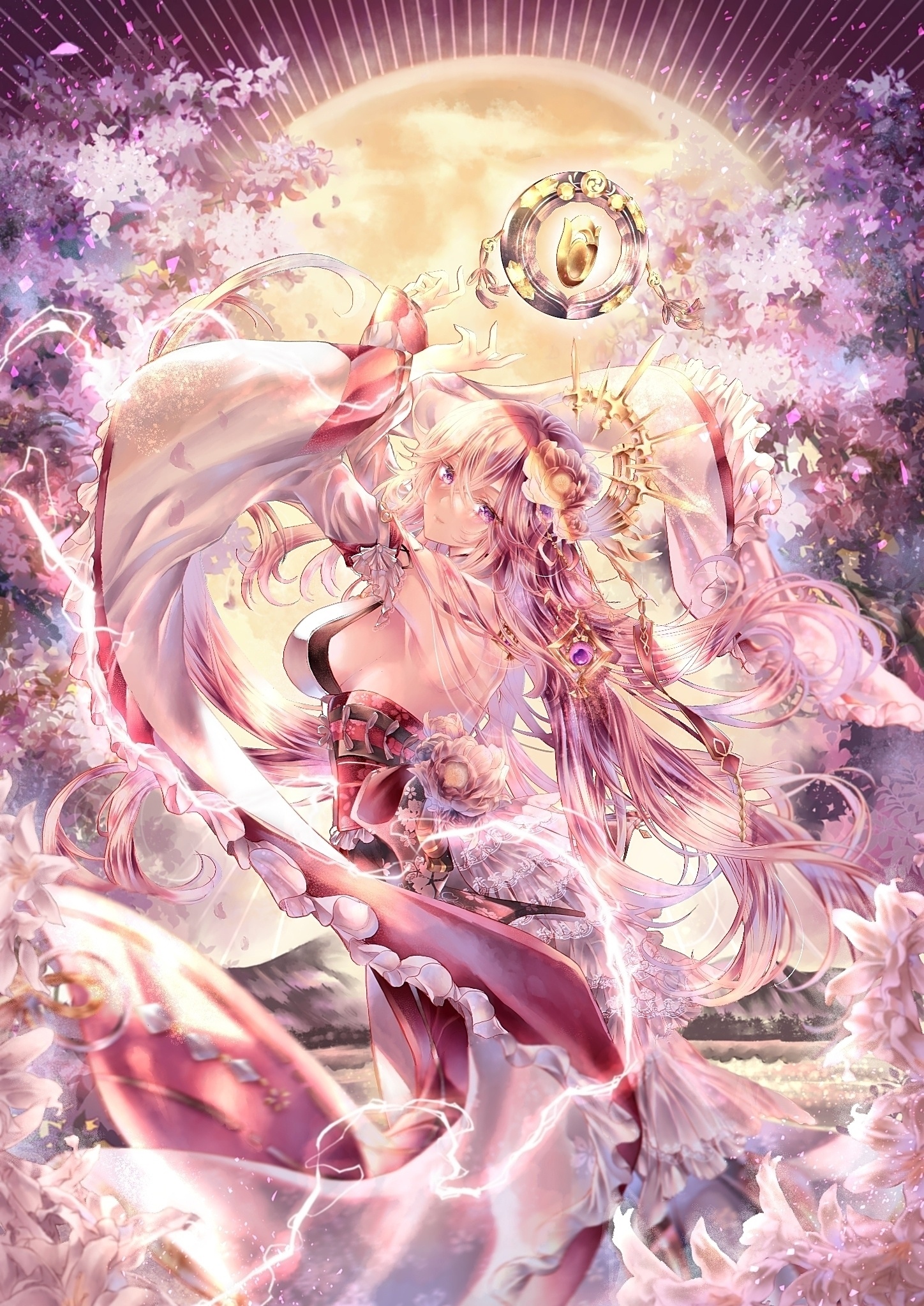 Yae Miko surrounded by flowers and a large moon HD Phone Wallpaper