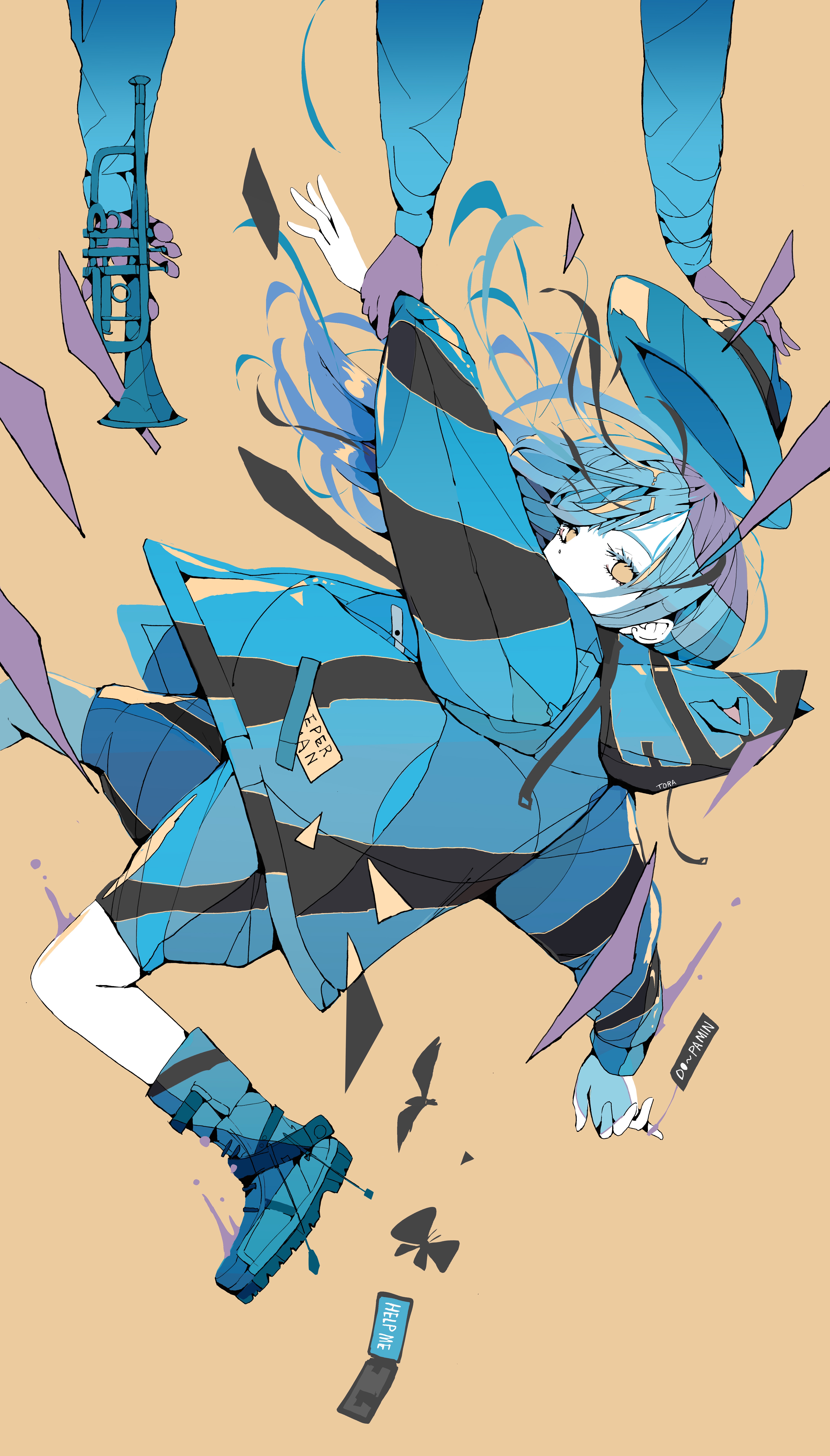Anime girl in blue jacket with trumpet and phone HD Phone Wallpaper