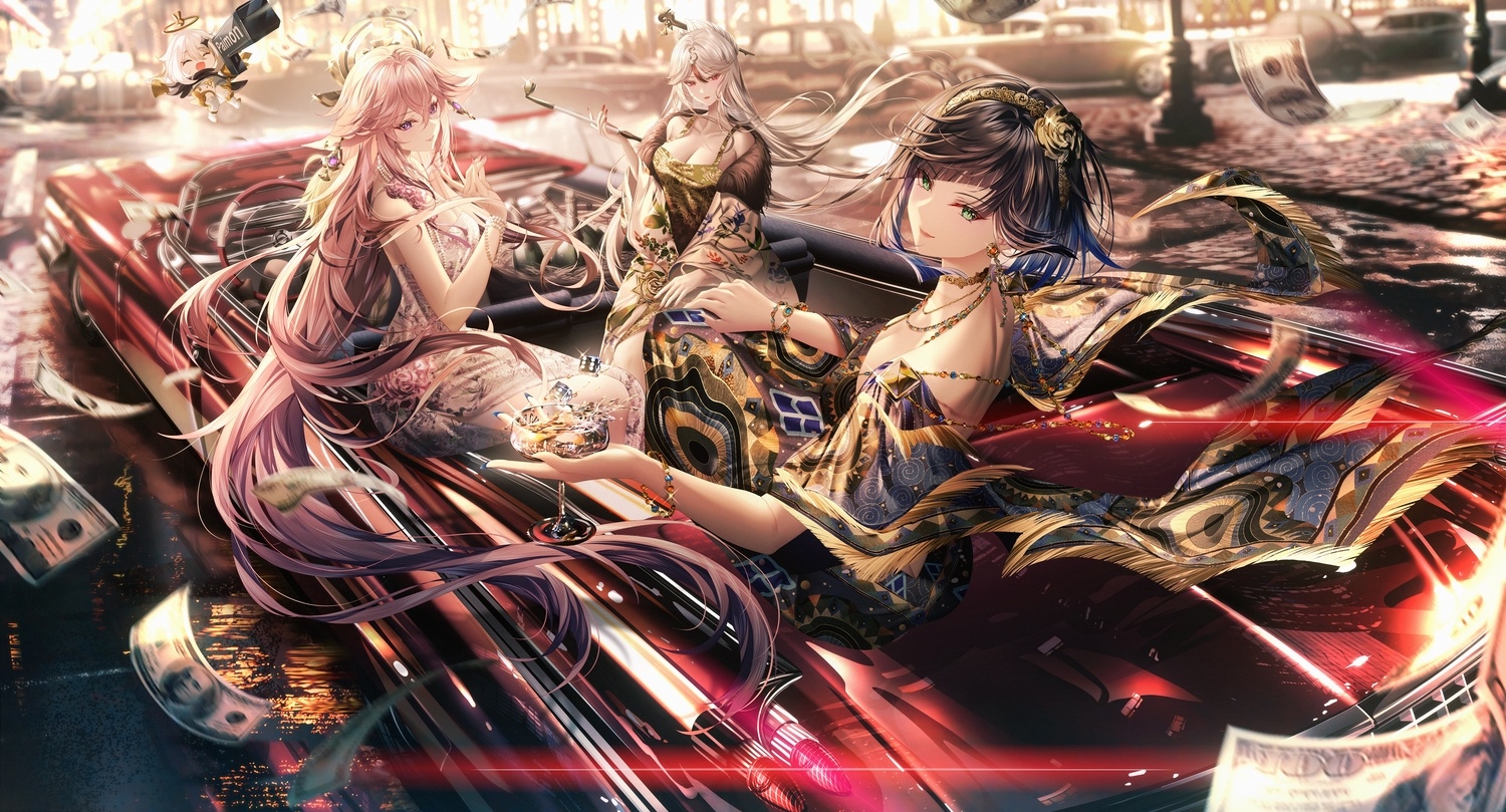 Yae Miko, Ningguang, and Yelan in a car with money HD Wallpaper
