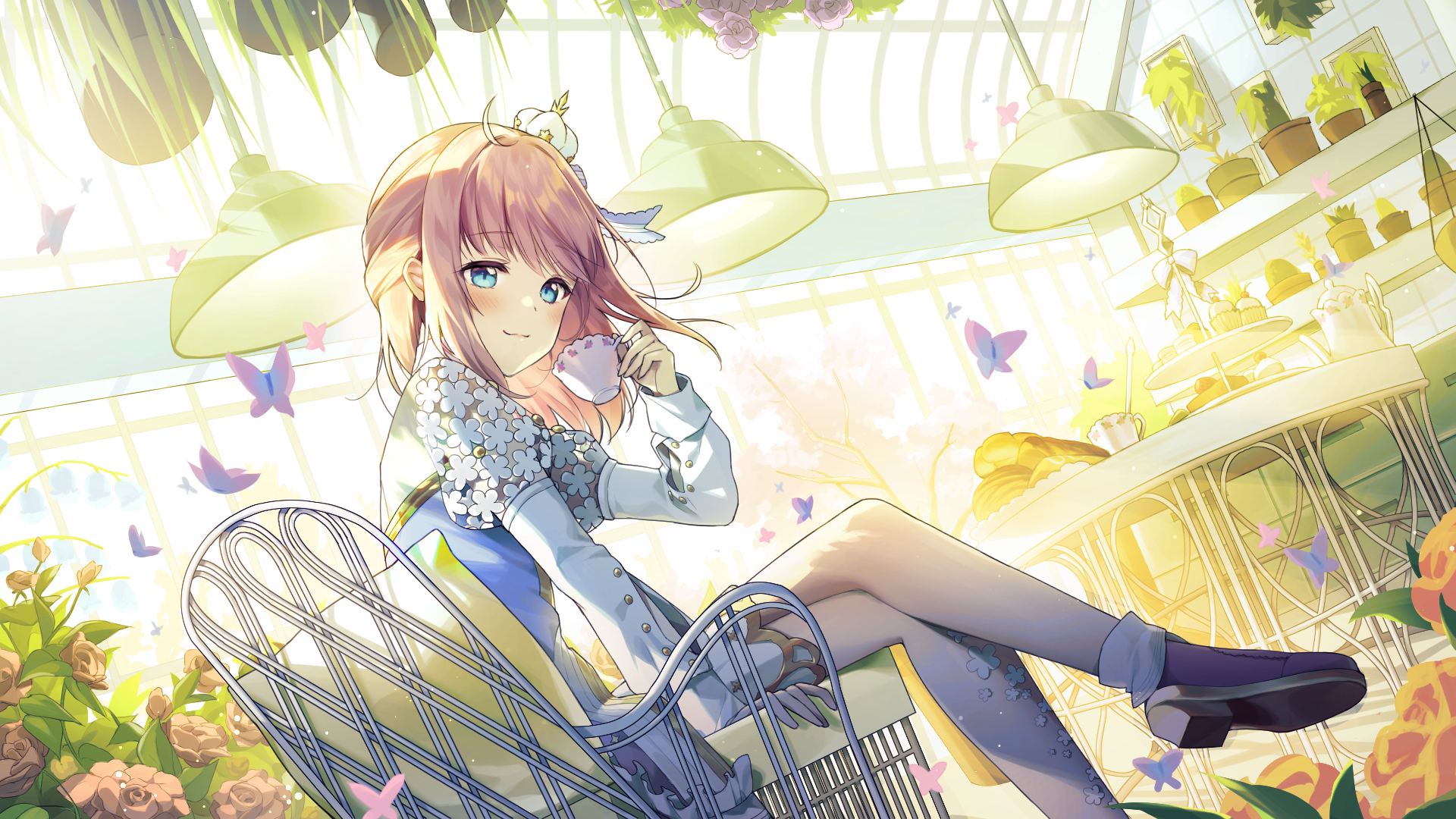 Girl in a greenhouse with flowers and butterflies HD Wallpaper