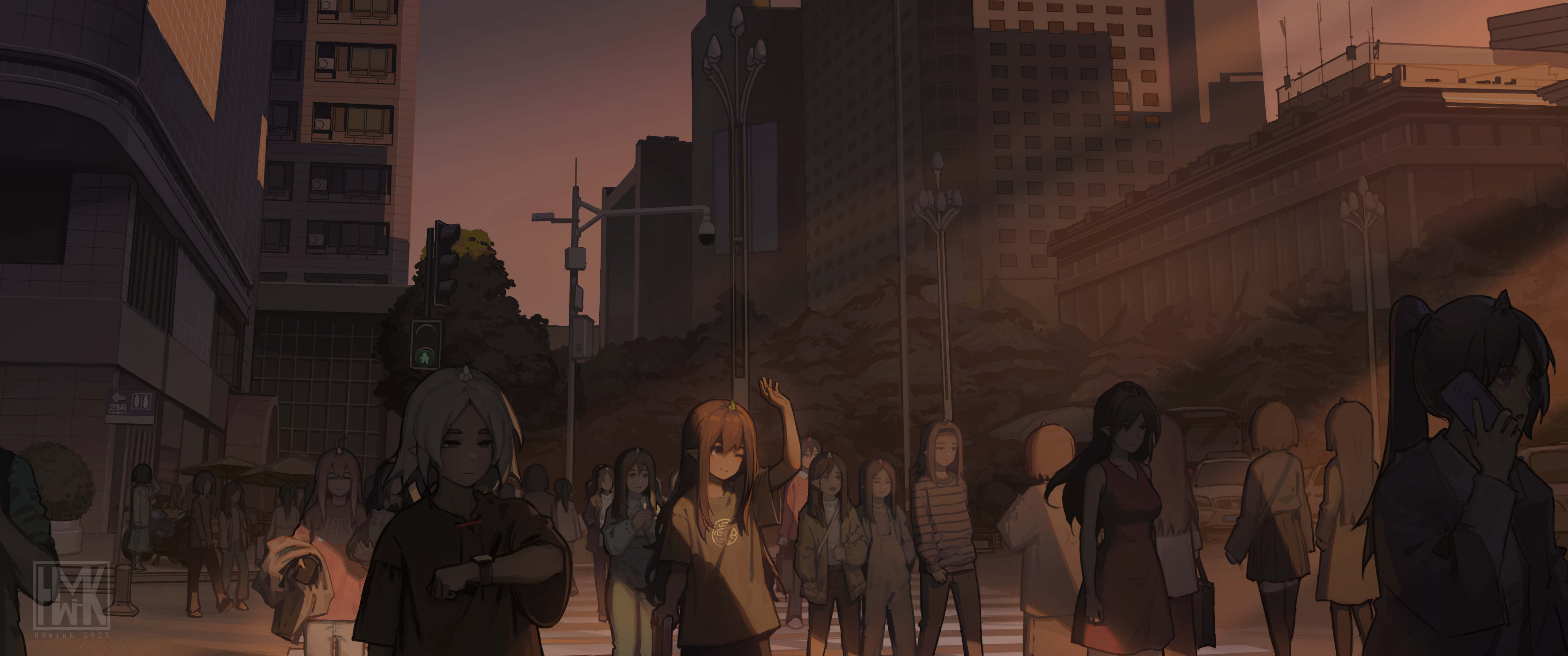 4K: People crossing street at sunset HD Wallpaper