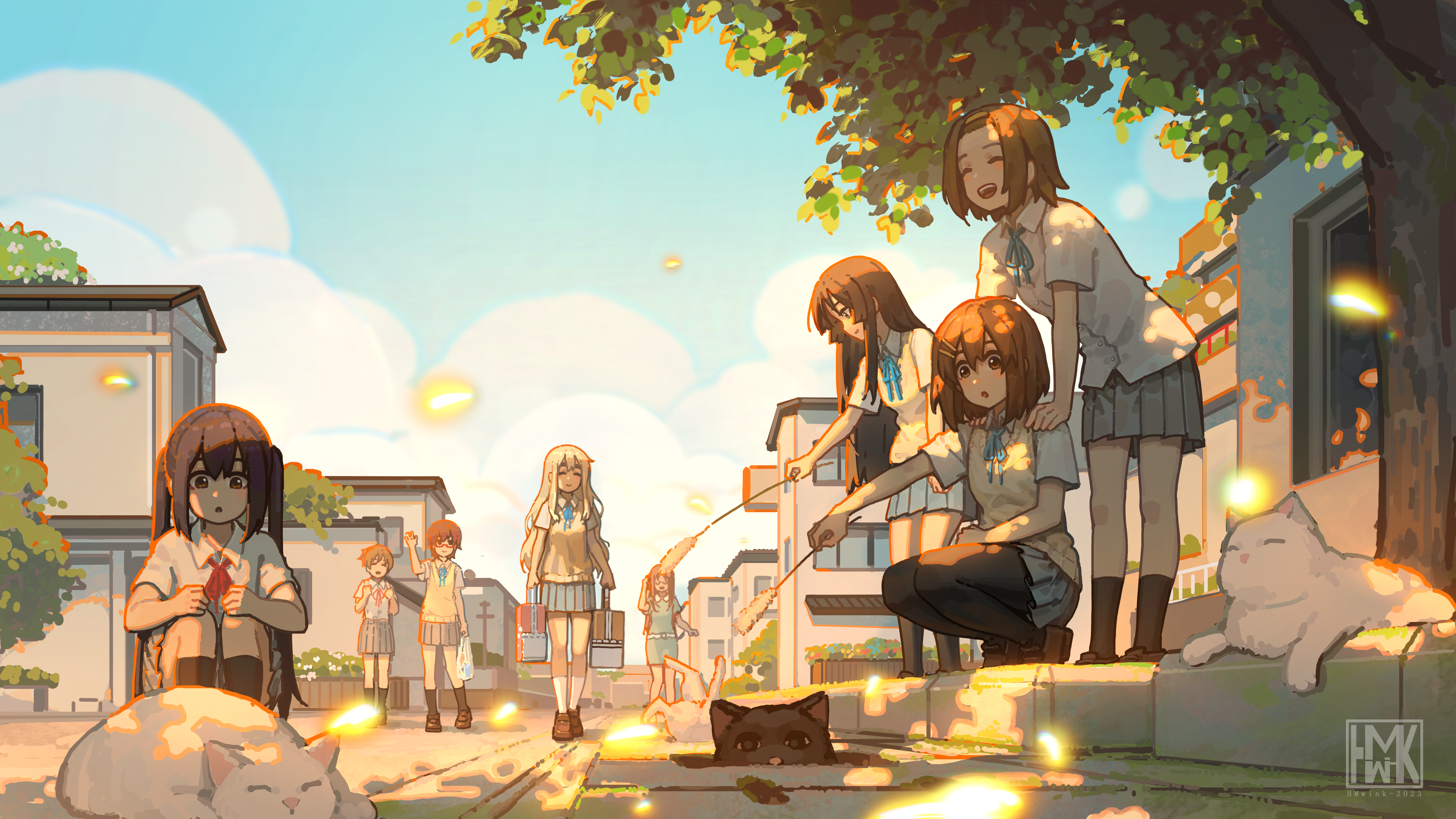 K-ON! 4K street scene with schoolgirls and cats HD Wallpaper