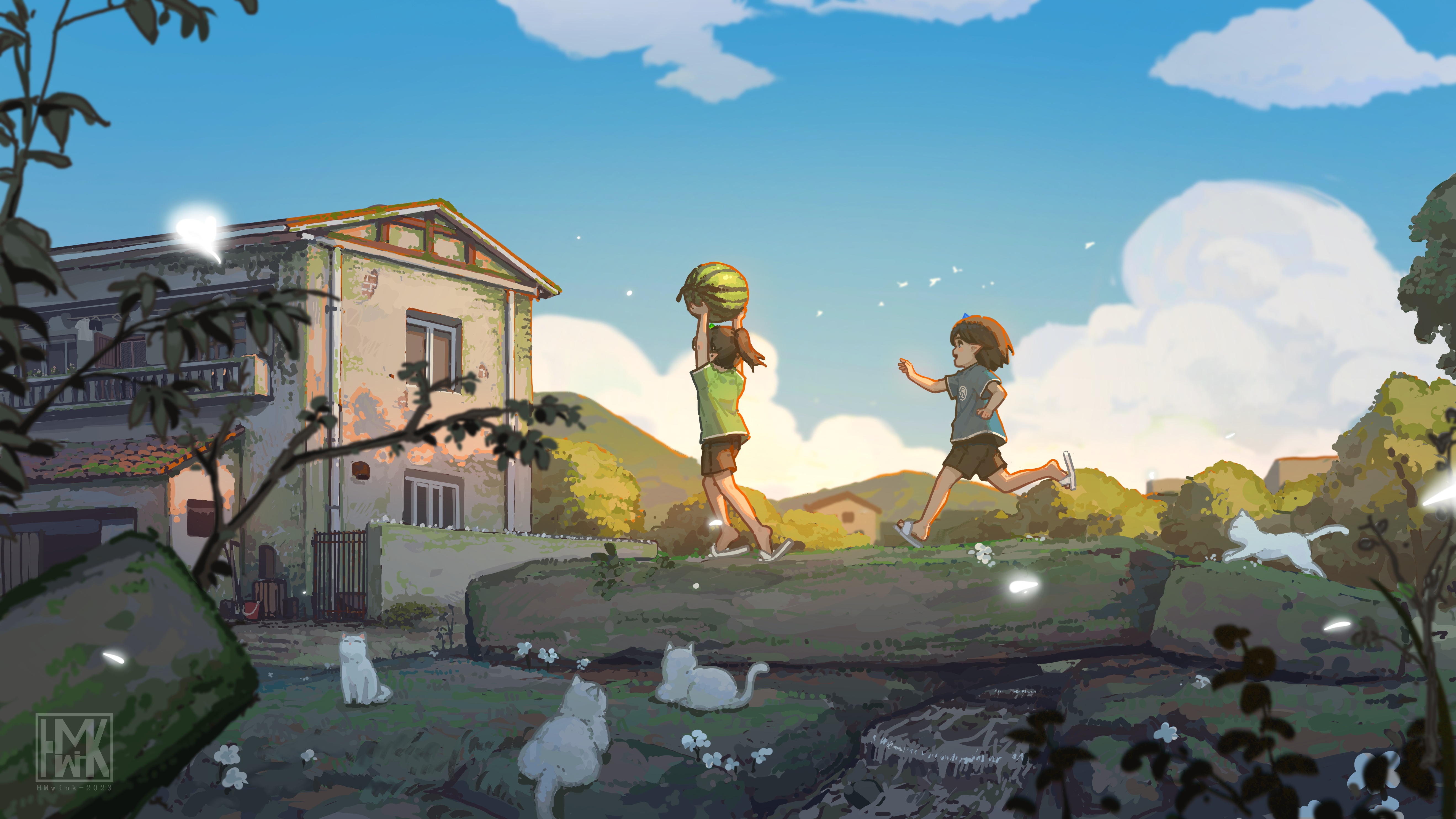Children carrying watermelon near a building with cats HD Wallpaper