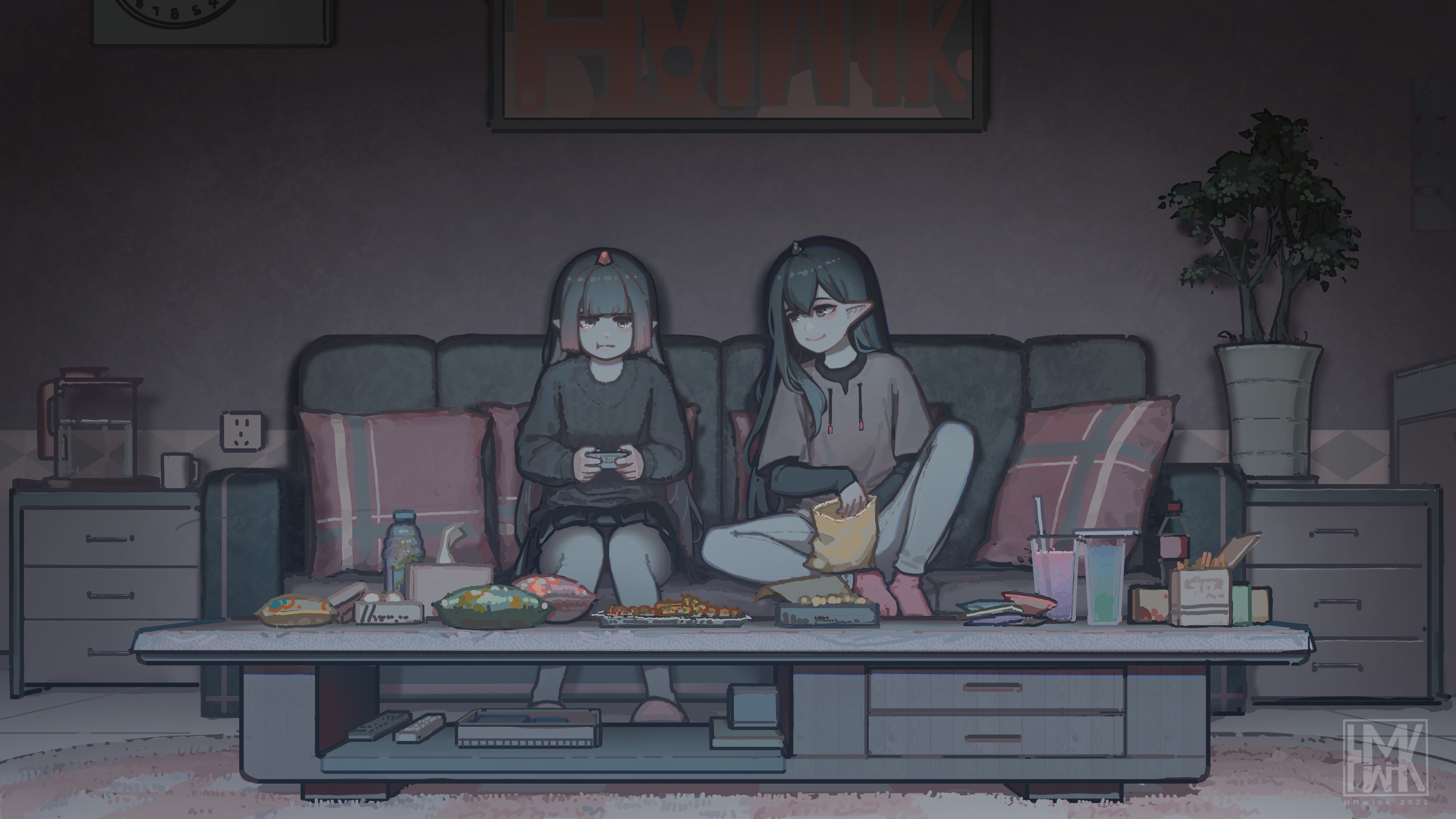 4K artwork of two characters playing video games on a couch HD Wallpaper