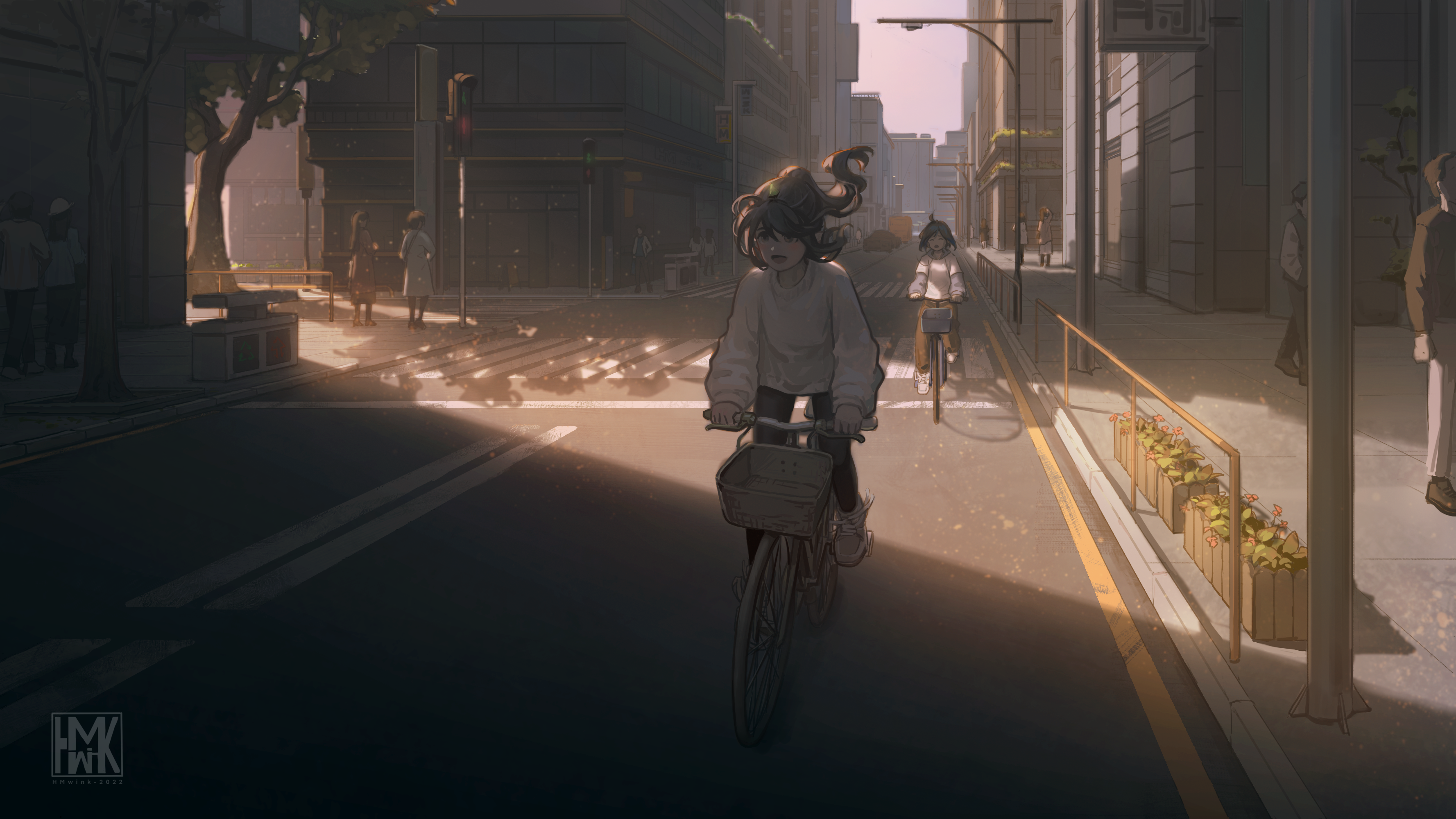 Two girls riding bicycles on a city street at sunset HD Wallpaper