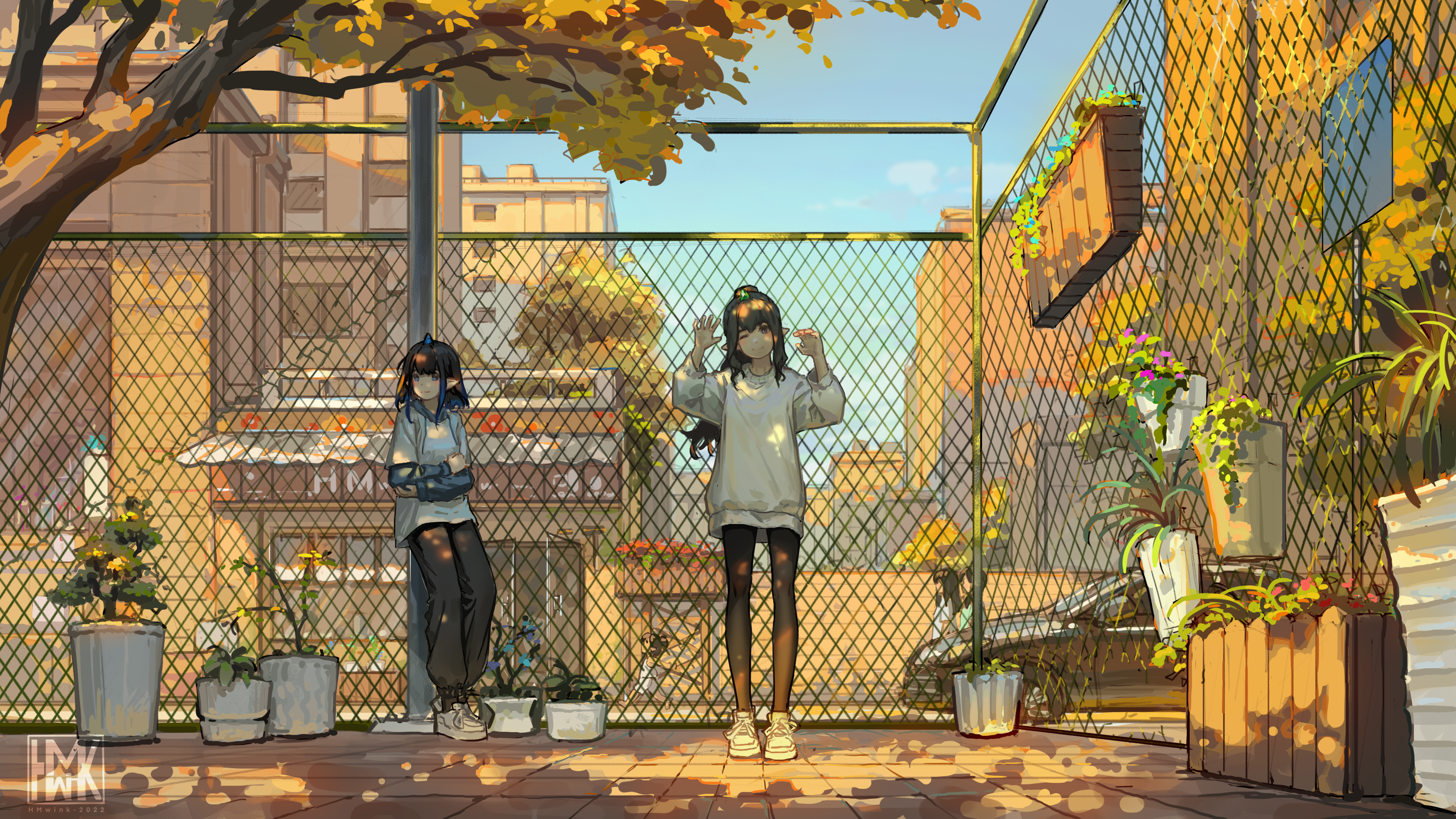 Two girls standing near a fence with plants HD Wallpaper