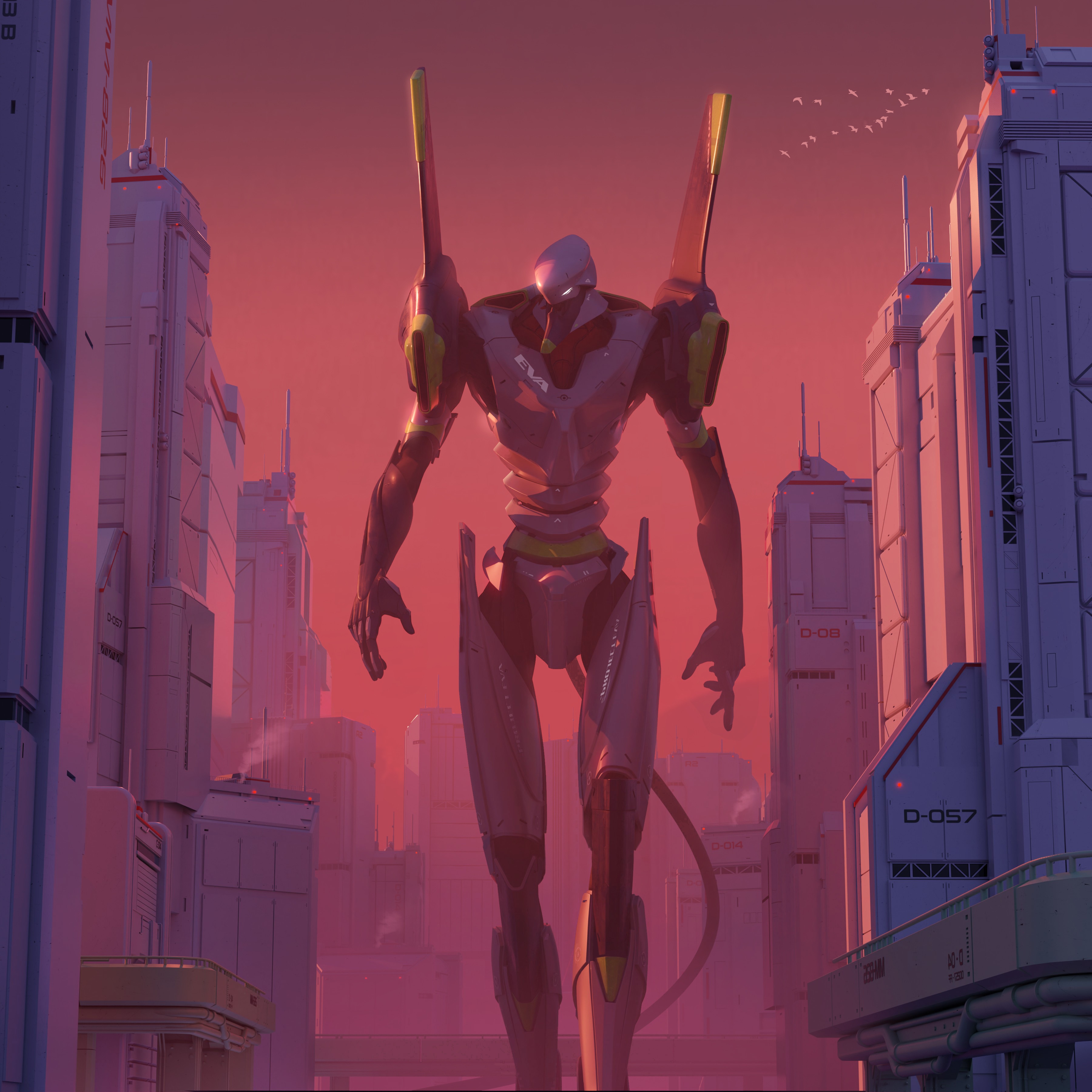 EVA Unit 02 in a futuristic cityscape HD Wallpaper
