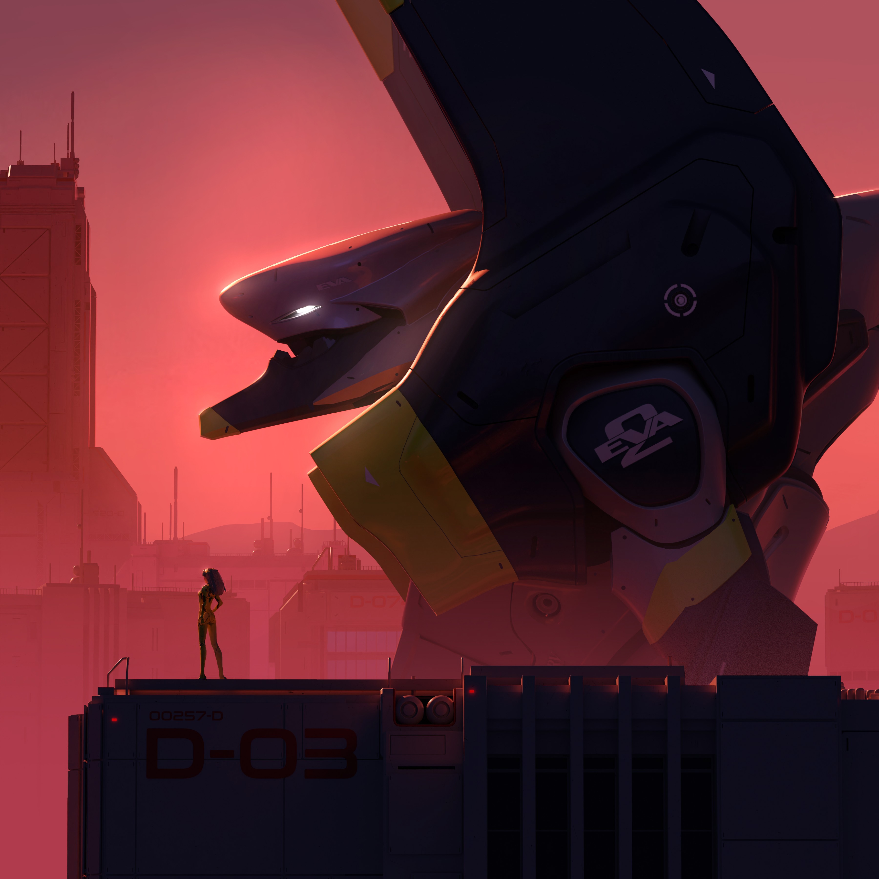 Asuka Langley Soryu and EVA Unit 02 in a futuristic city HD Wallpaper