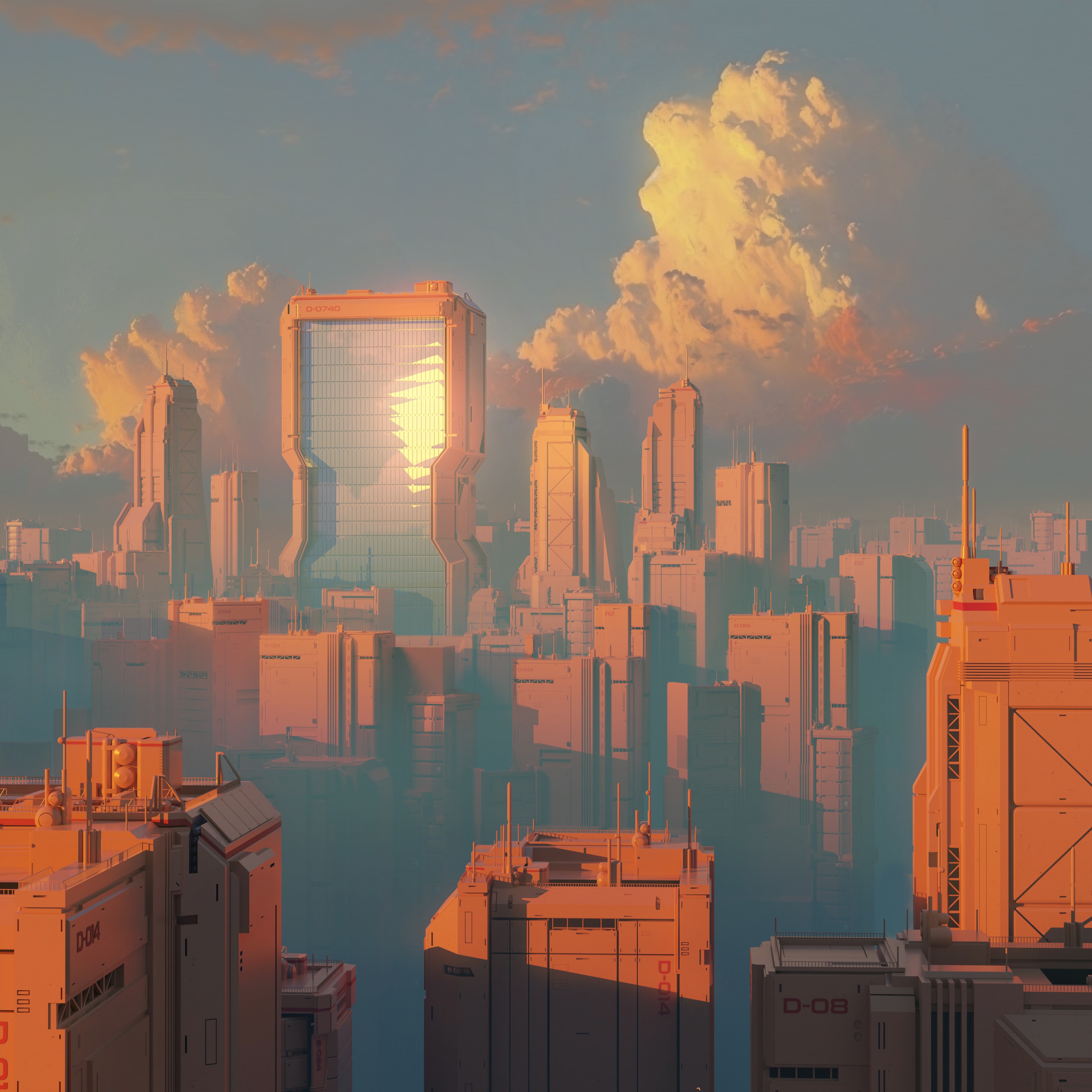 Futuristic Cityscape with Sunlight and Clouds HD Wallpaper