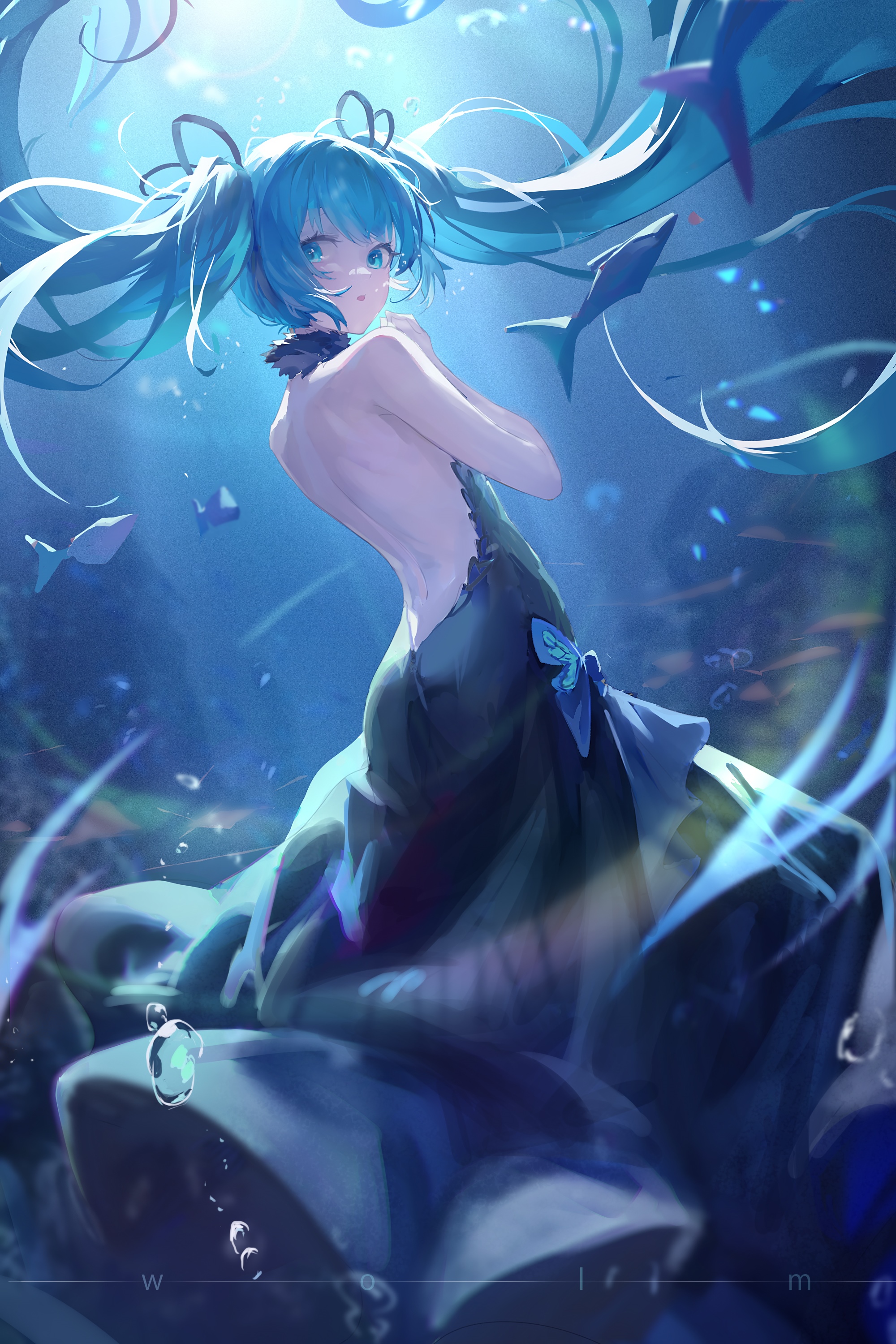 Hatsune Miku underwater with fish and sunlight HD Phone Wallpaper
