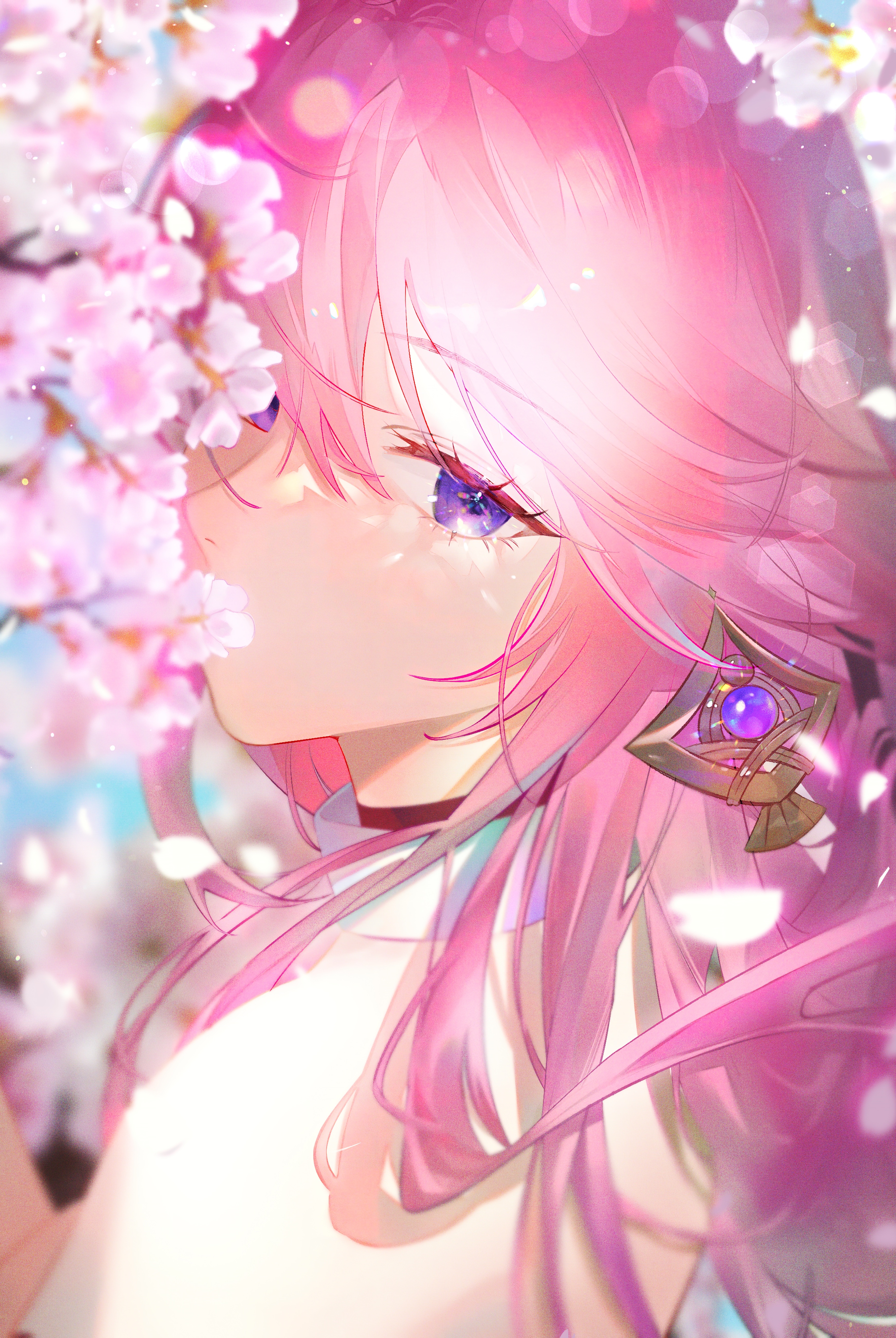 Yae Miko with pink hair and purple eyes surrounded by cherry blossoms HD Phone Wallpaper