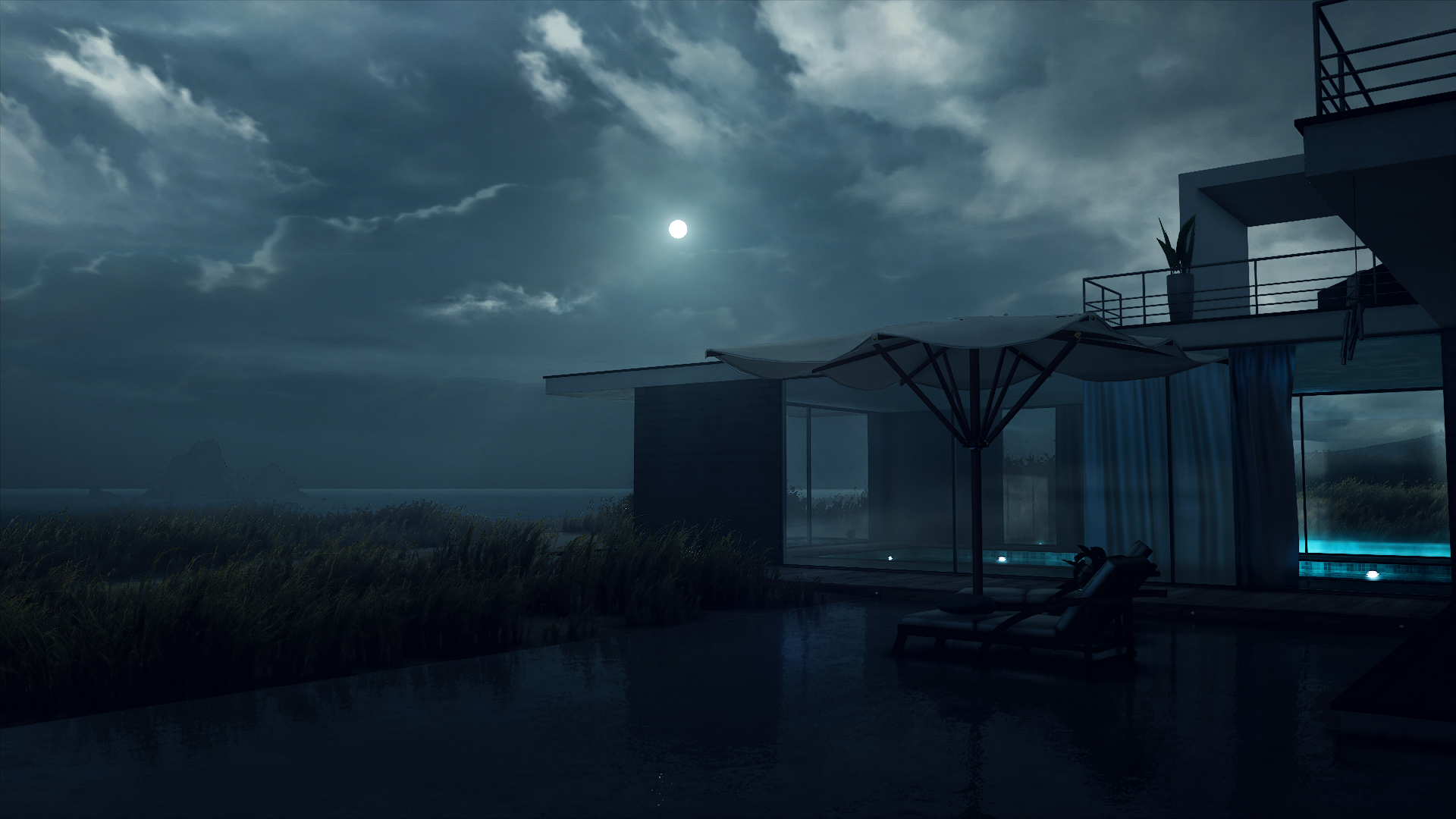 HITMAN 2 screenshot of a modern house at night HD Wallpaper