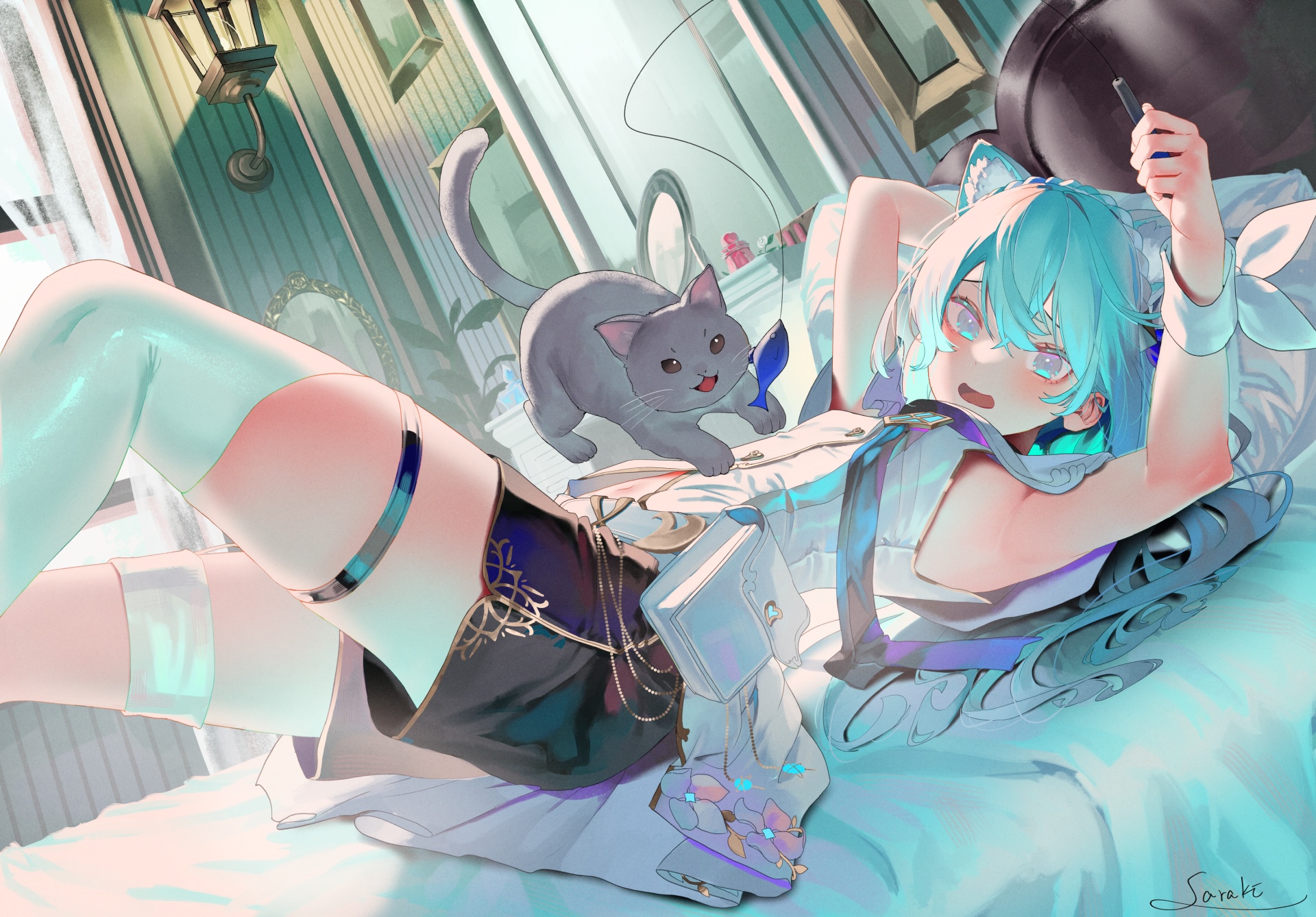Cat girl with blue hair and cat on a bed HD Wallpaper