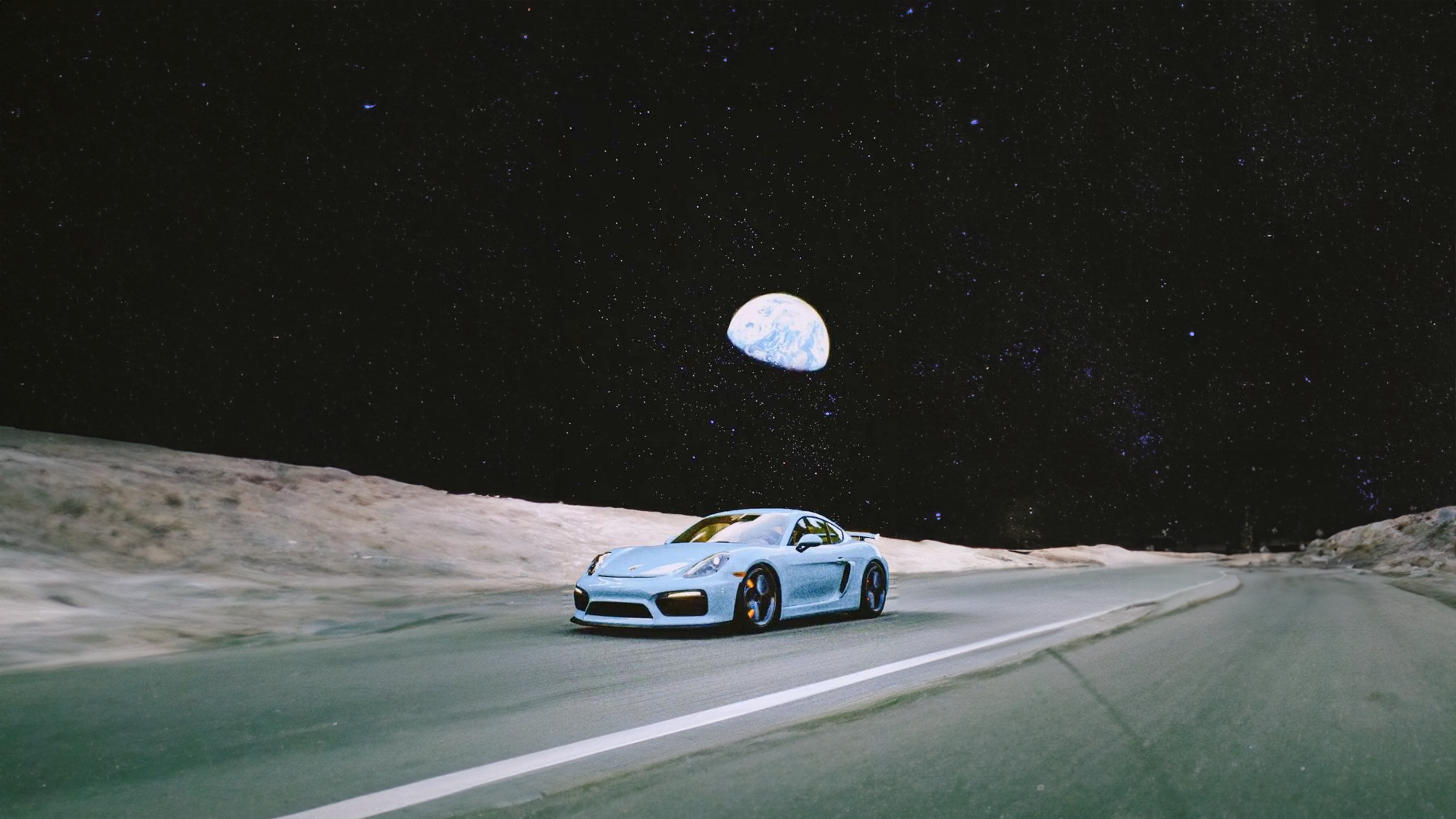 Light blue Porsche driving on the Moon with Earth in the sky HD Wallpaper
