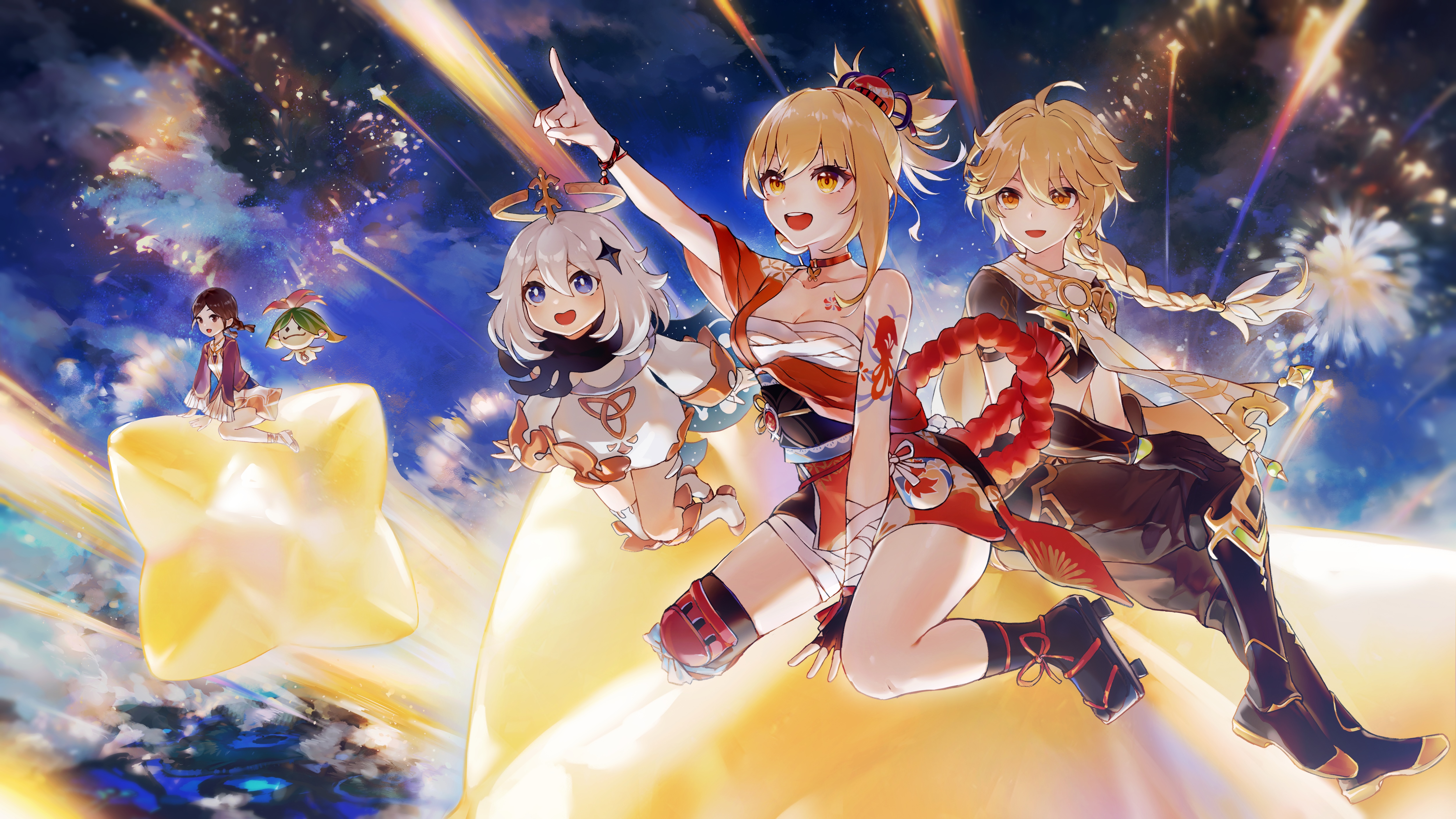 Genshin Impact: Yoimiya, Paimon, and Aether with Fireworks HD Wallpaper