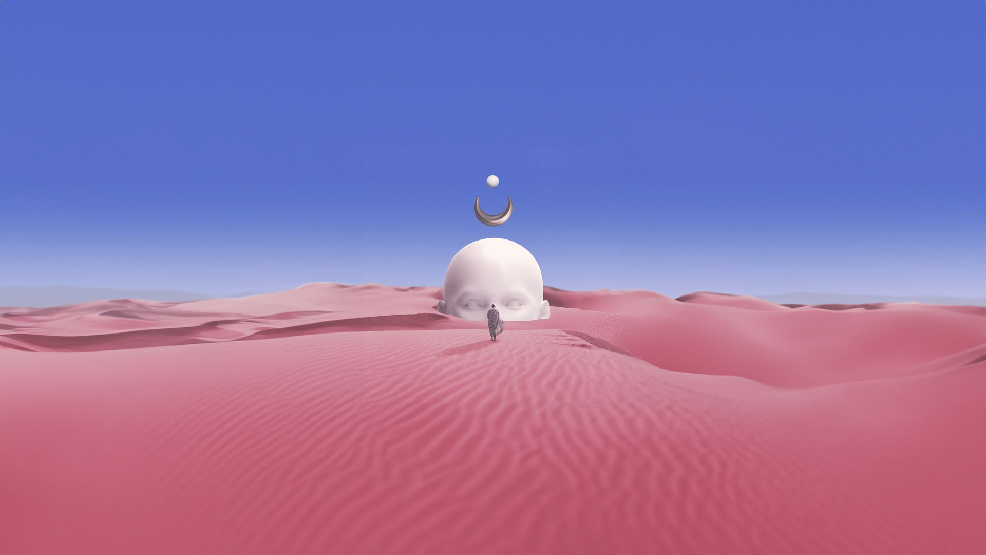 Giant head in desert with crescent moon and person HD Wallpaper