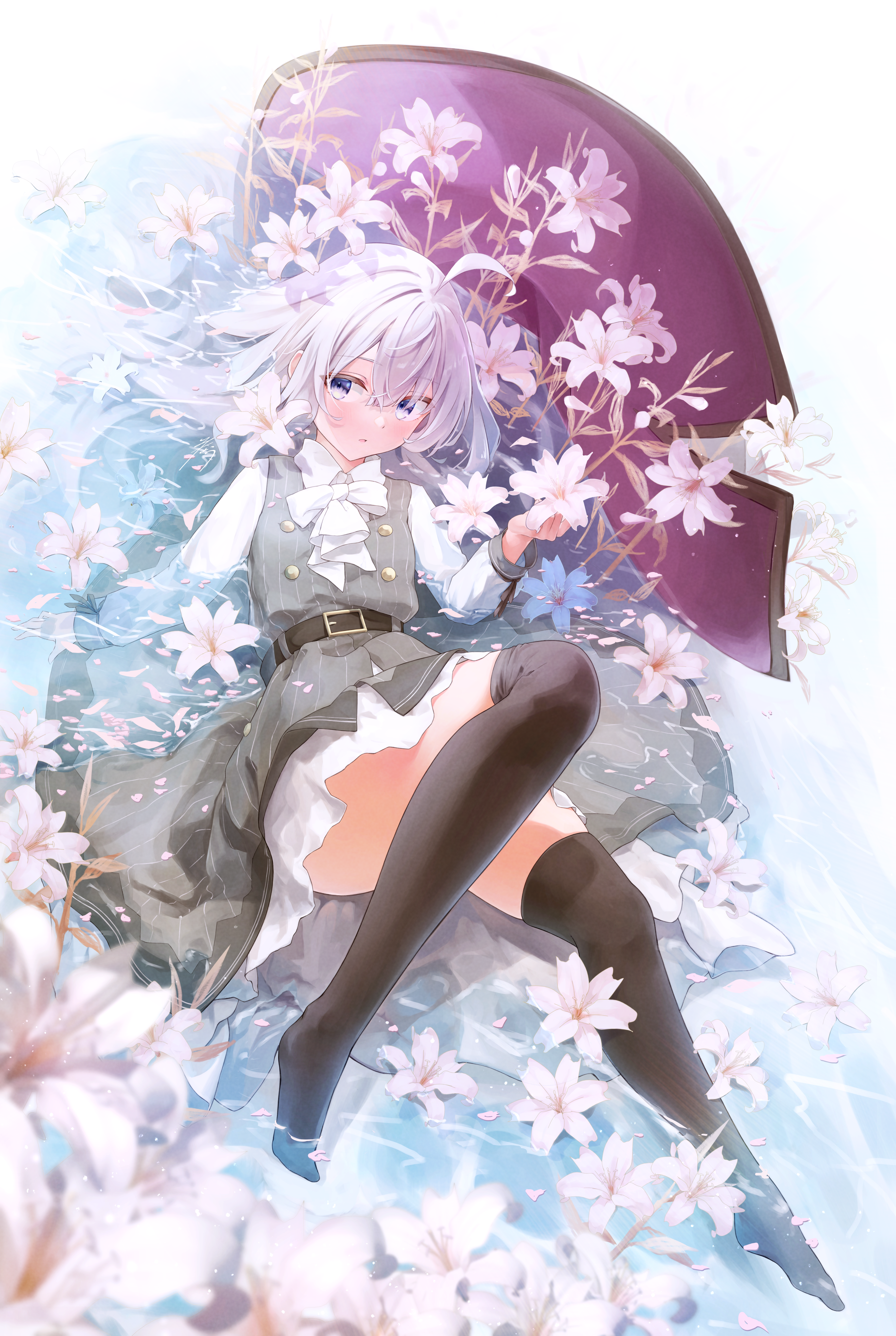 Girl with white hair and blue eyes lying among flowers HD Phone Wallpaper