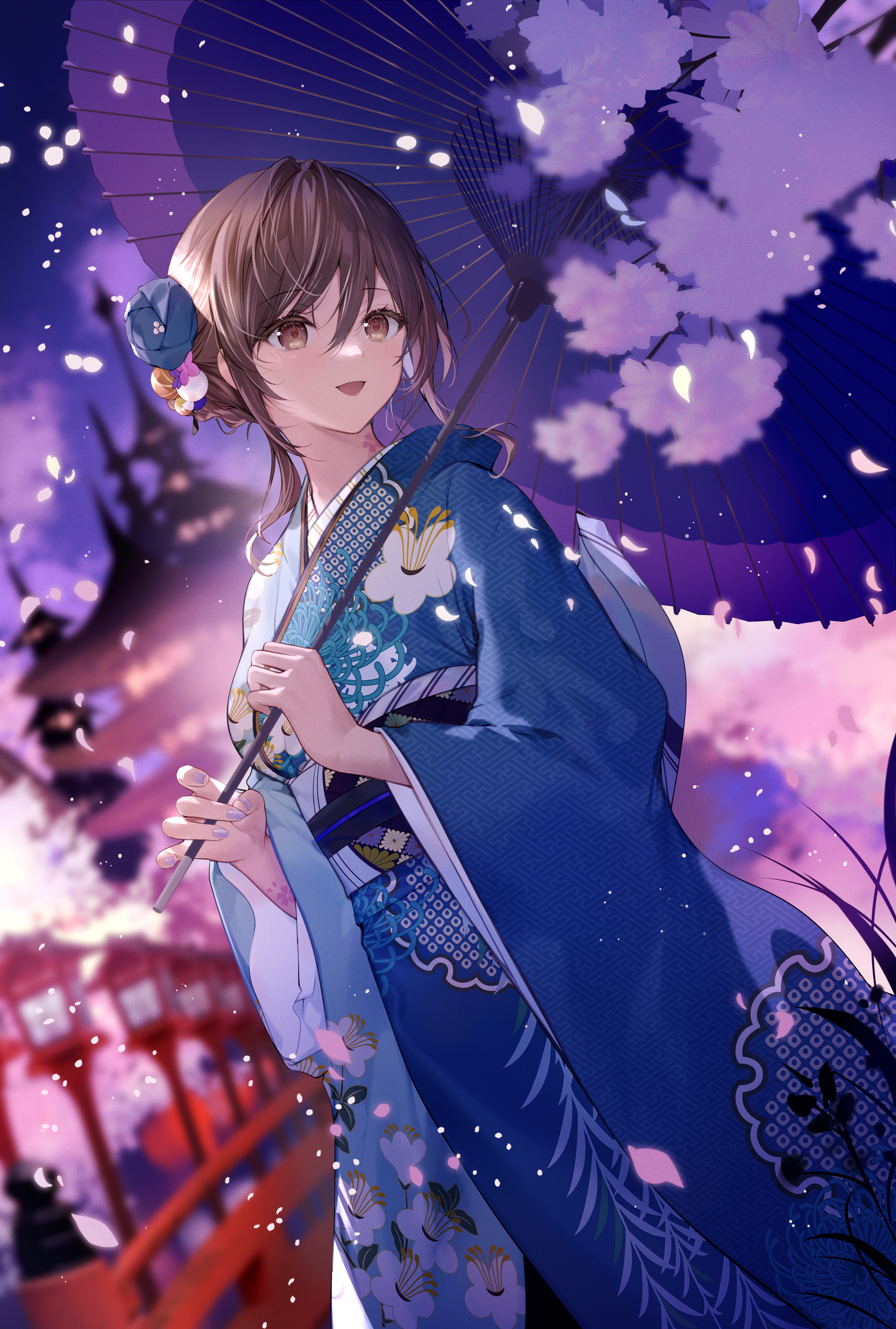 Girl in Kimono Holding Umbrella with Cherry Blossoms HD Phone Wallpaper