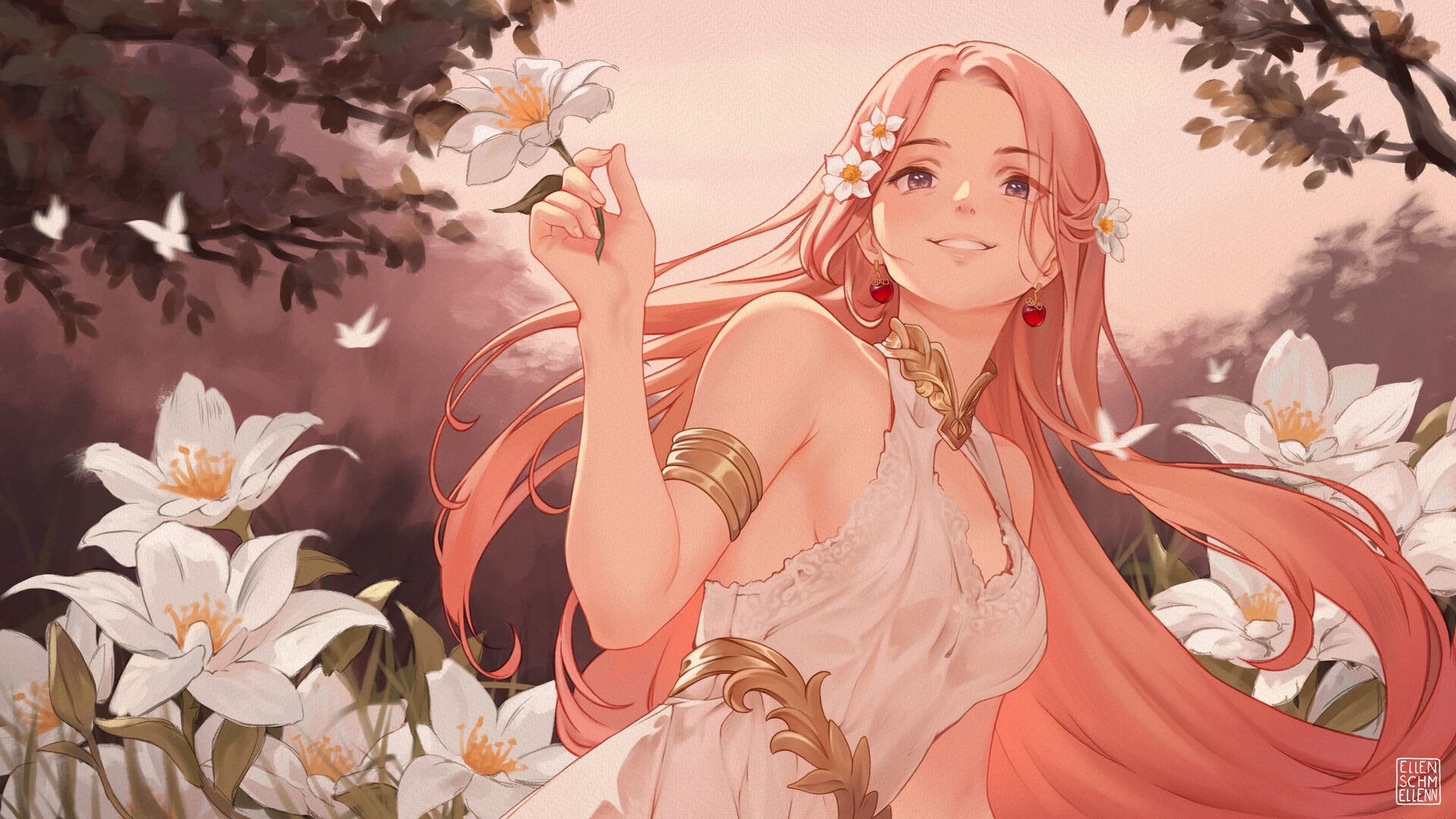Woman with pink hair holding a white lily HD Wallpaper