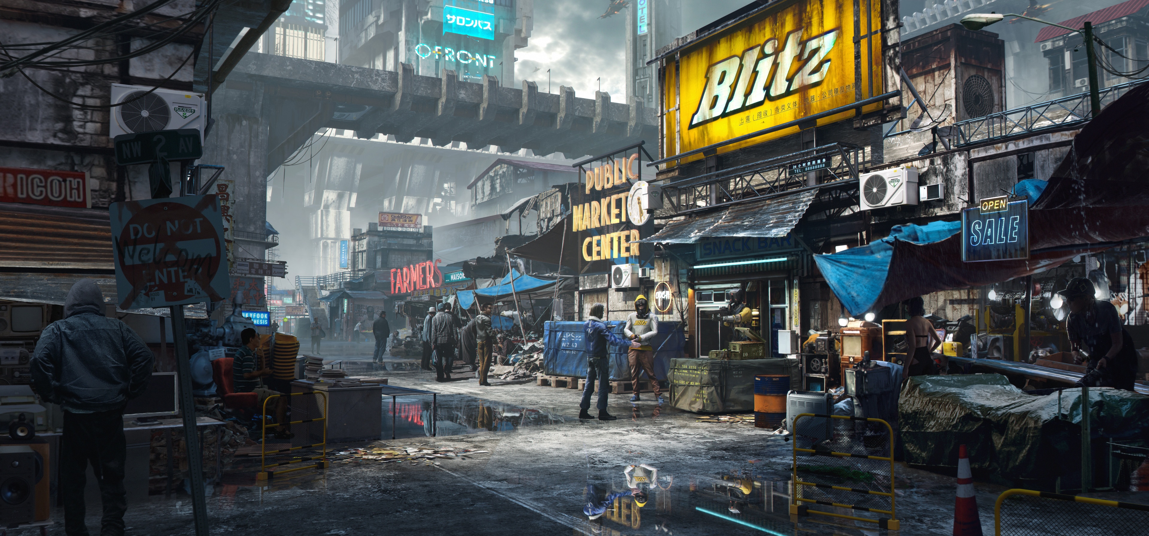 4K Cyberpunk Market Street with Blitz Billboard HD Wallpaper
