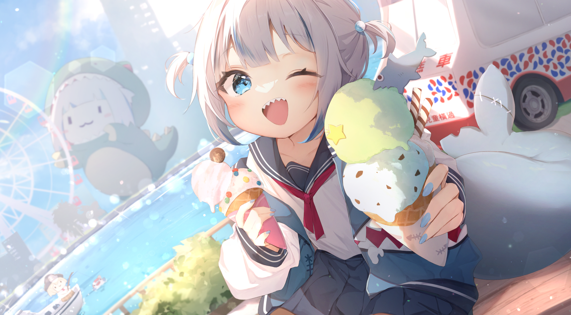 Gawr Gura eating ice cream at an amusement park HD Wallpaper