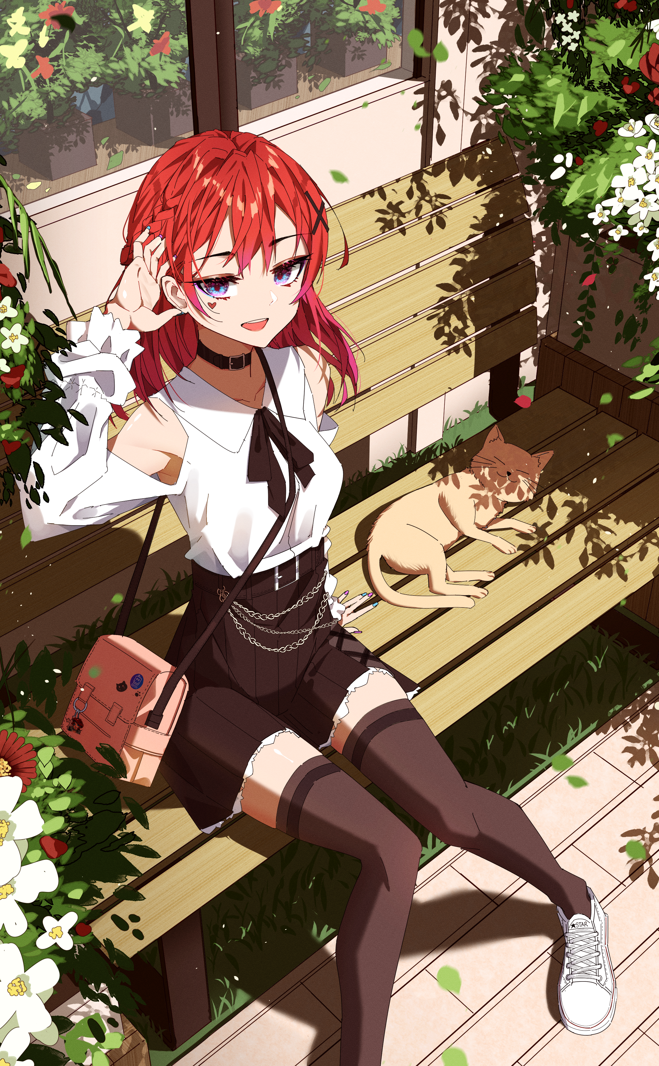 Girl with red hair and cat on a bench HD Phone Wallpaper