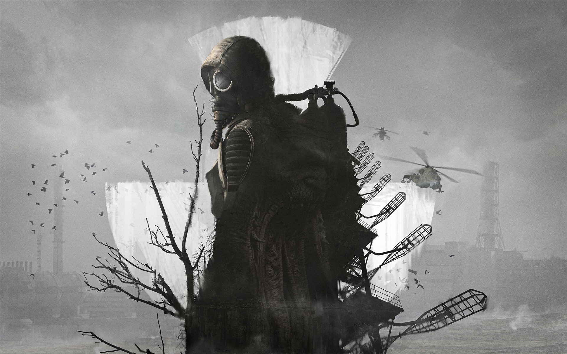 S.T.A.L.K.E.R. 2: Monochrome scene with gas mask and helicopters HD Wallpaper