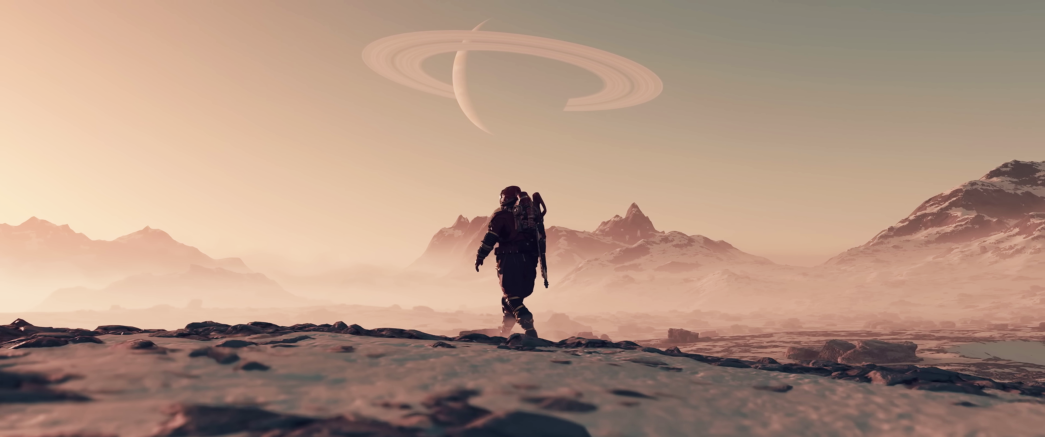 Astronaut walking on a snowy planet with Saturn in the sky HD Wallpaper