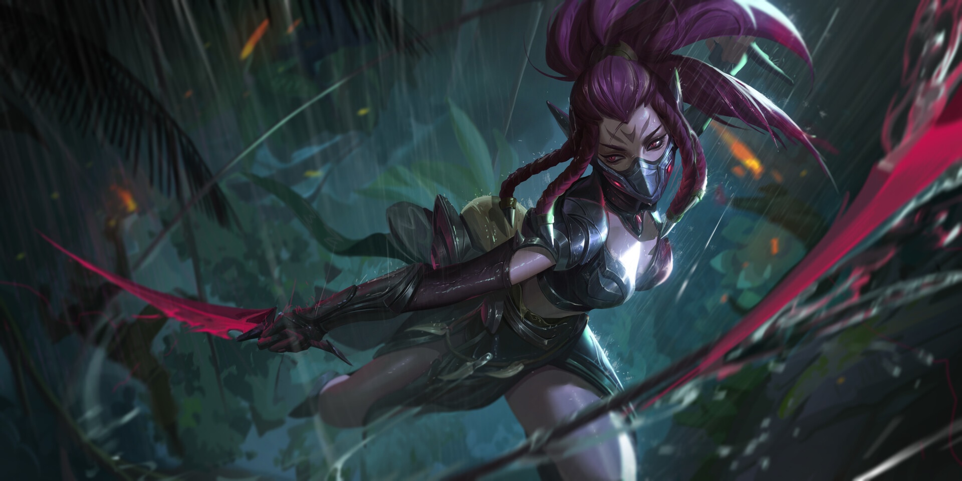 Akali with twin blades in the rain HD Wallpaper