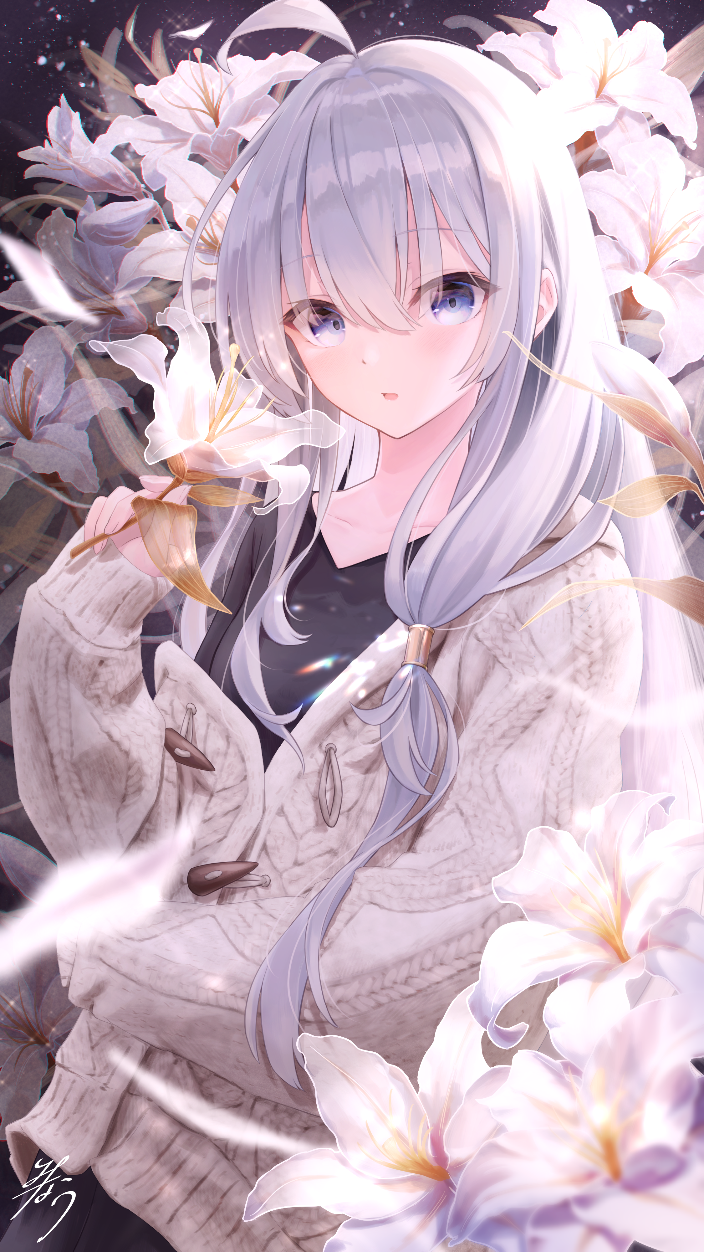 Anime girl with blue eyes and white hair surrounded by lilies HD Phone Wallpaper