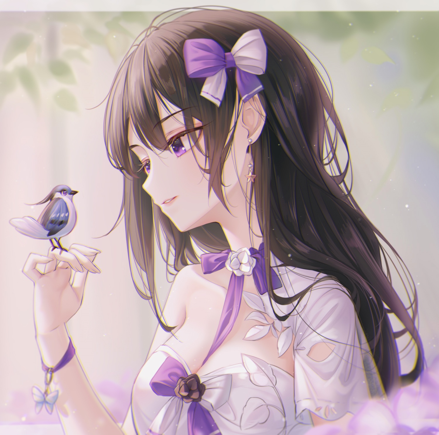 Anime girl with purple eyes and a bird HD Wallpaper