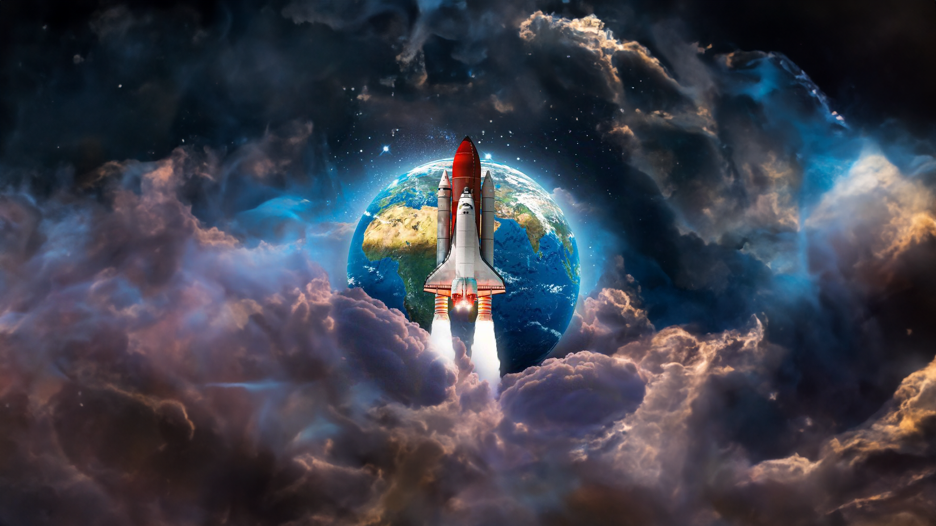 Space shuttle launching from Earth into a nebula HD Wallpaper