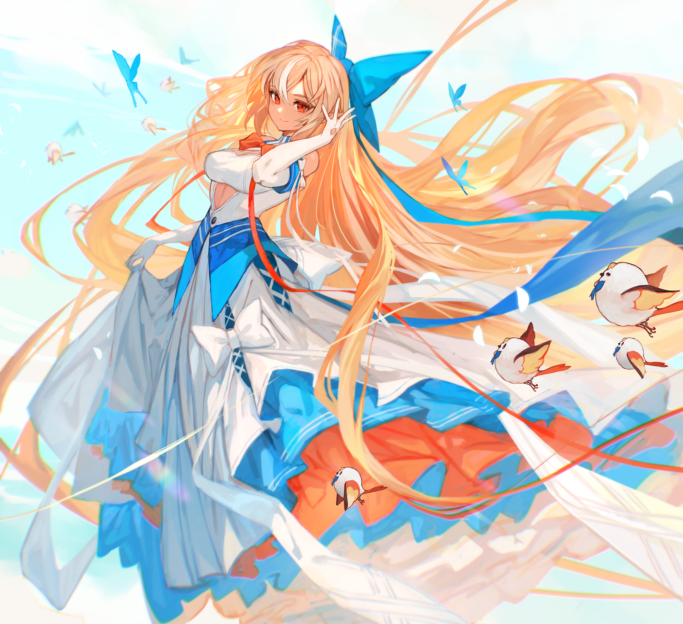 Anime girl with blonde hair and red eyes in a dress HD Wallpaper