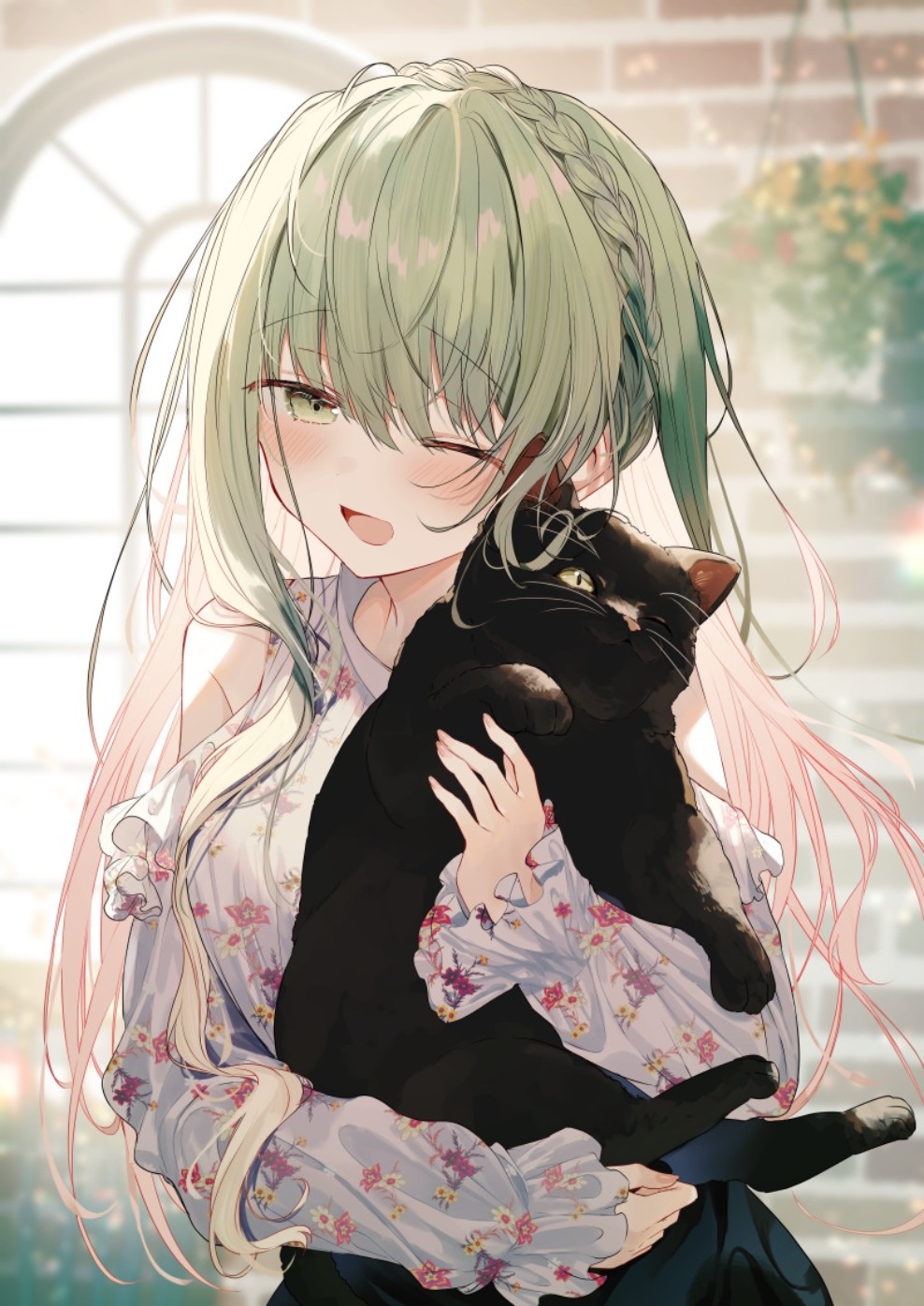 Anime girl with green hair holding a black cat HD Phone Wallpaper