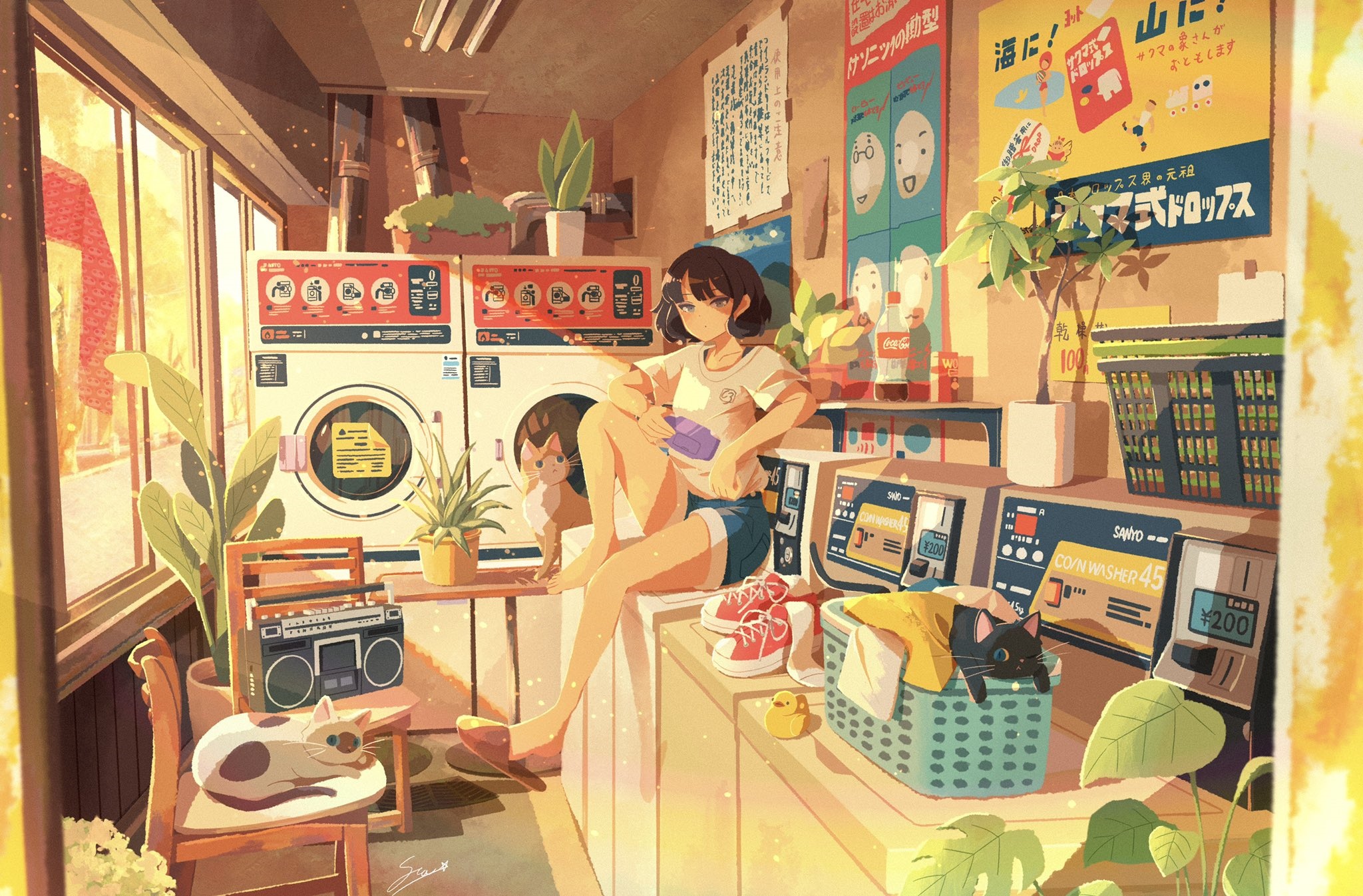 Girl in Laundry Room with Cats and Washing Machines HD Wallpaper