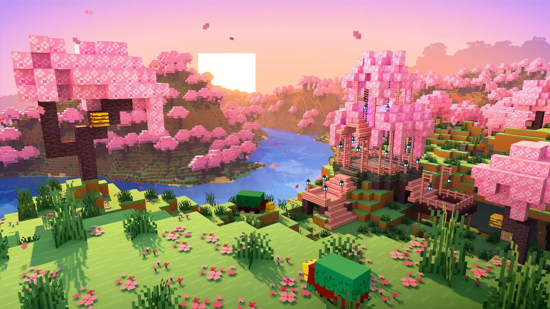 Minecraft Cherry Blossom biome with river and structures HD Wallpaper