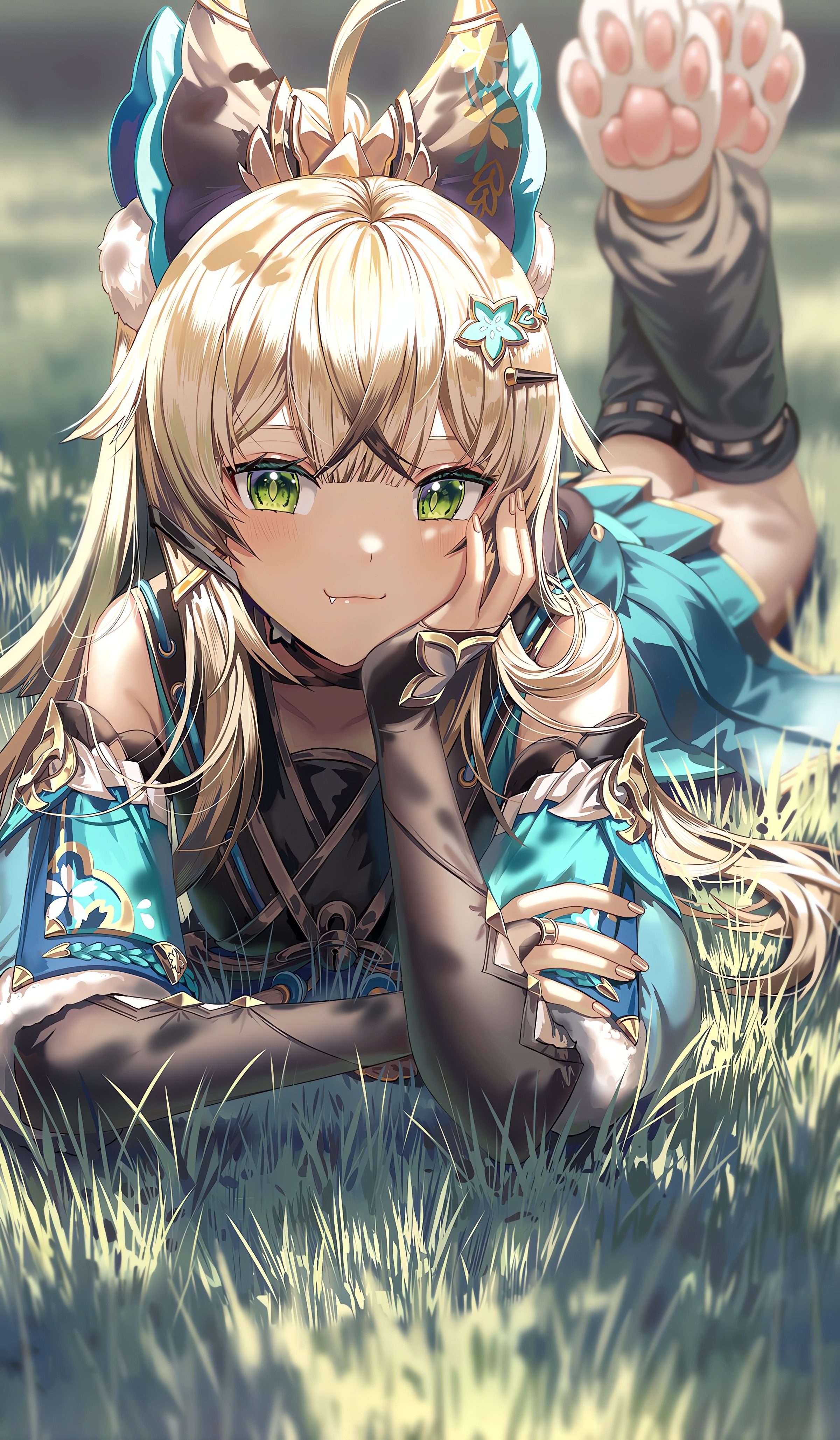 Kirara from Genshin Impact lying in grass HD Phone Wallpaper