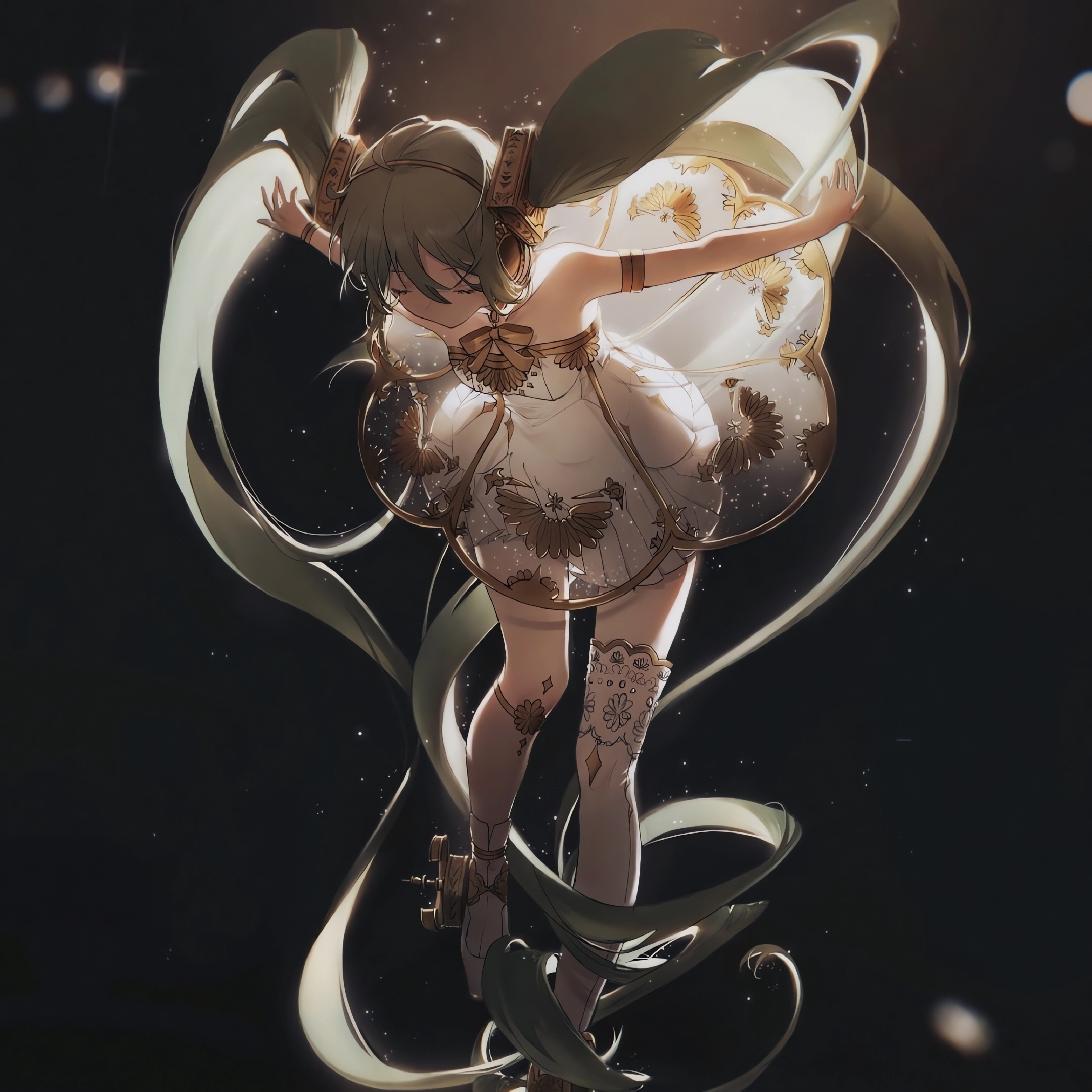 Hatsune Miku in a white and gold dress with twintails HD Wallpaper