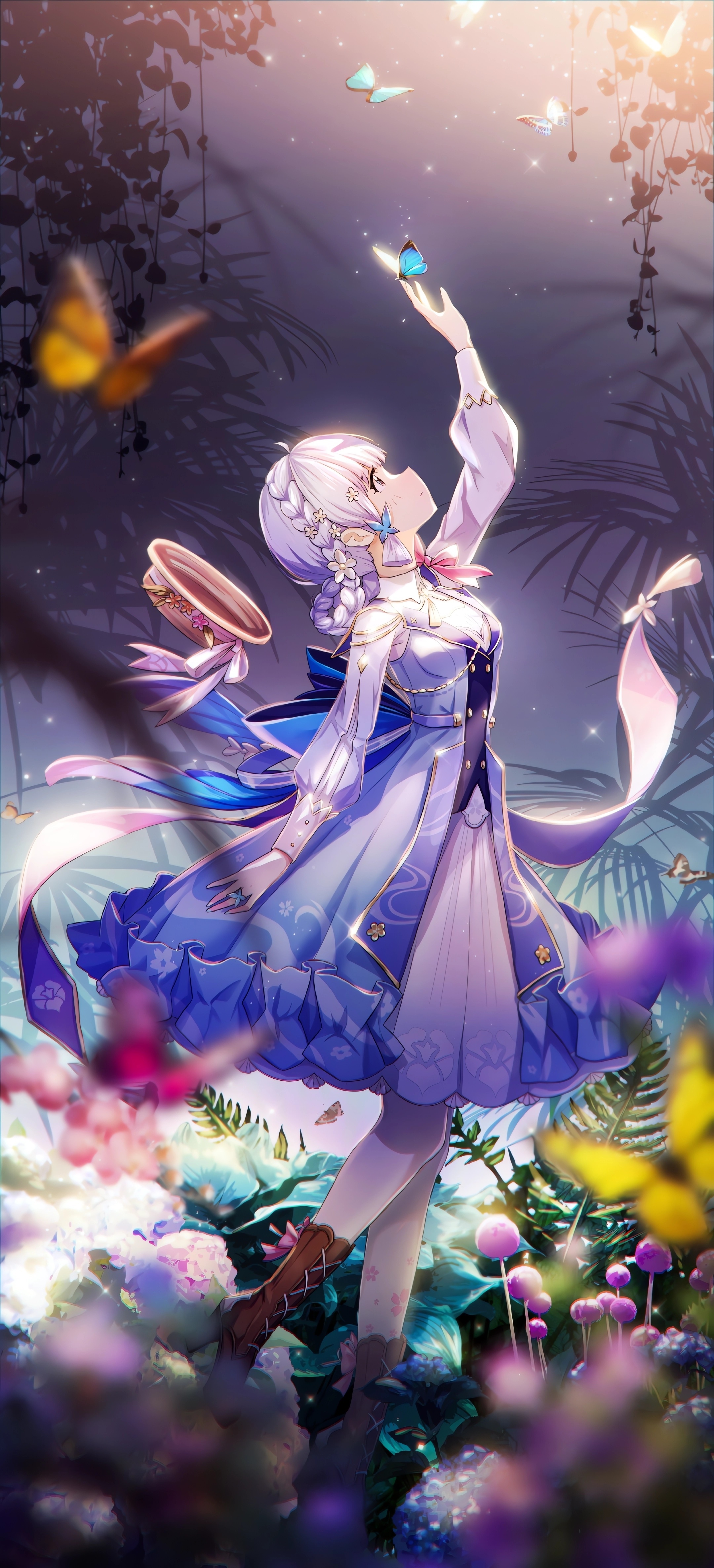 Kamisato Ayaka with Butterflies in a Garden HD Phone Wallpaper