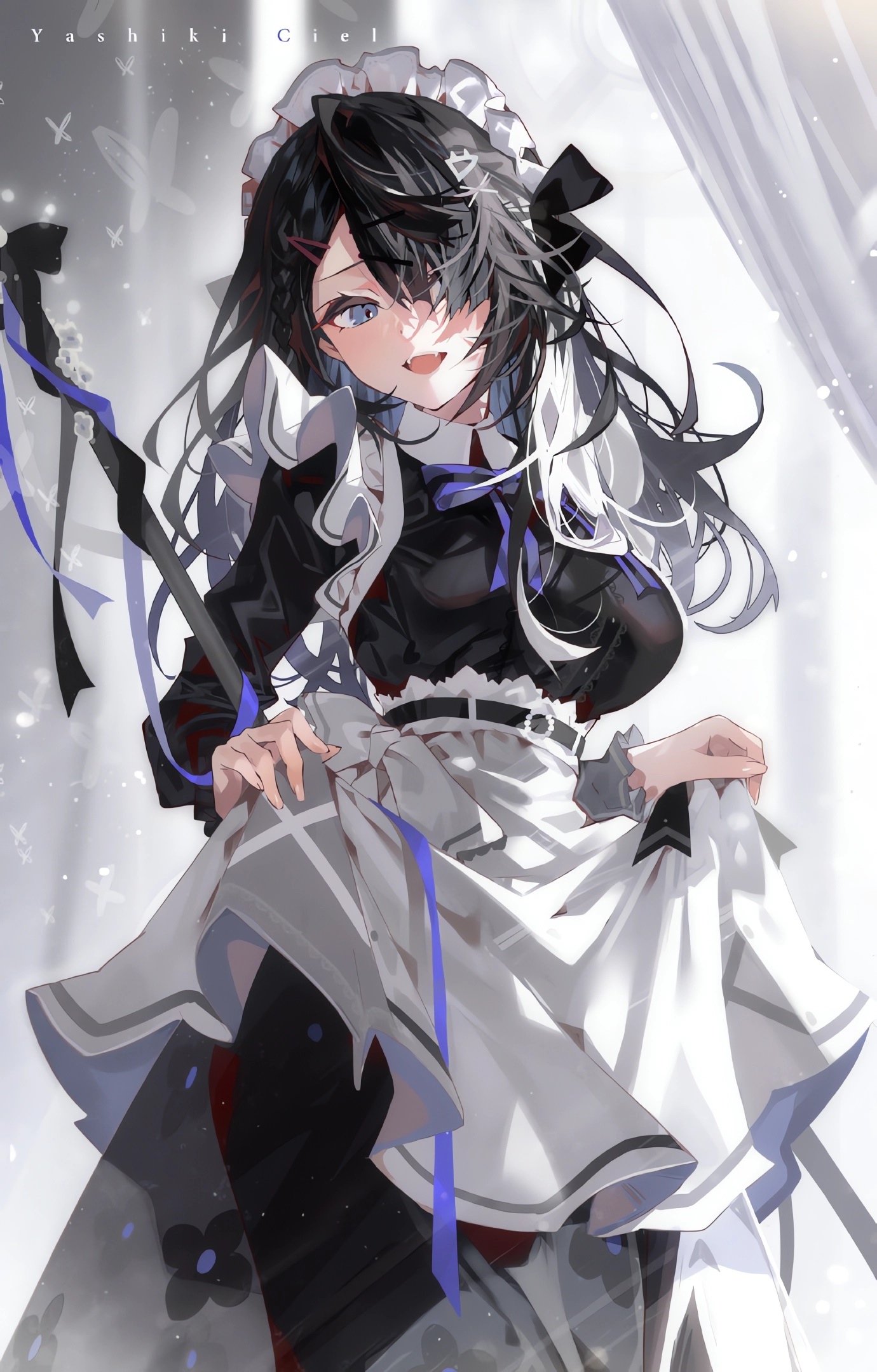 Anime maid with black and white hair and blue eyes HD Phone Wallpaper
