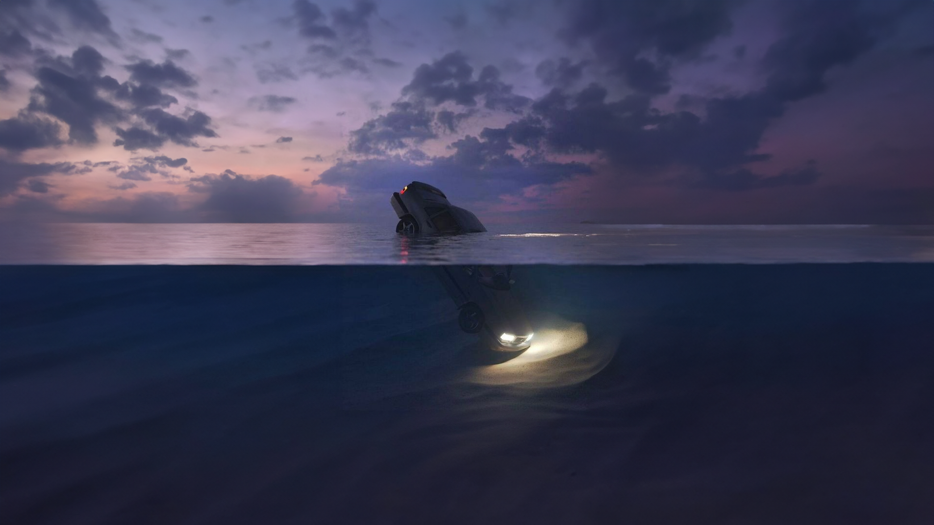 Car submerged in water at sunset with underwater view HD Wallpaper