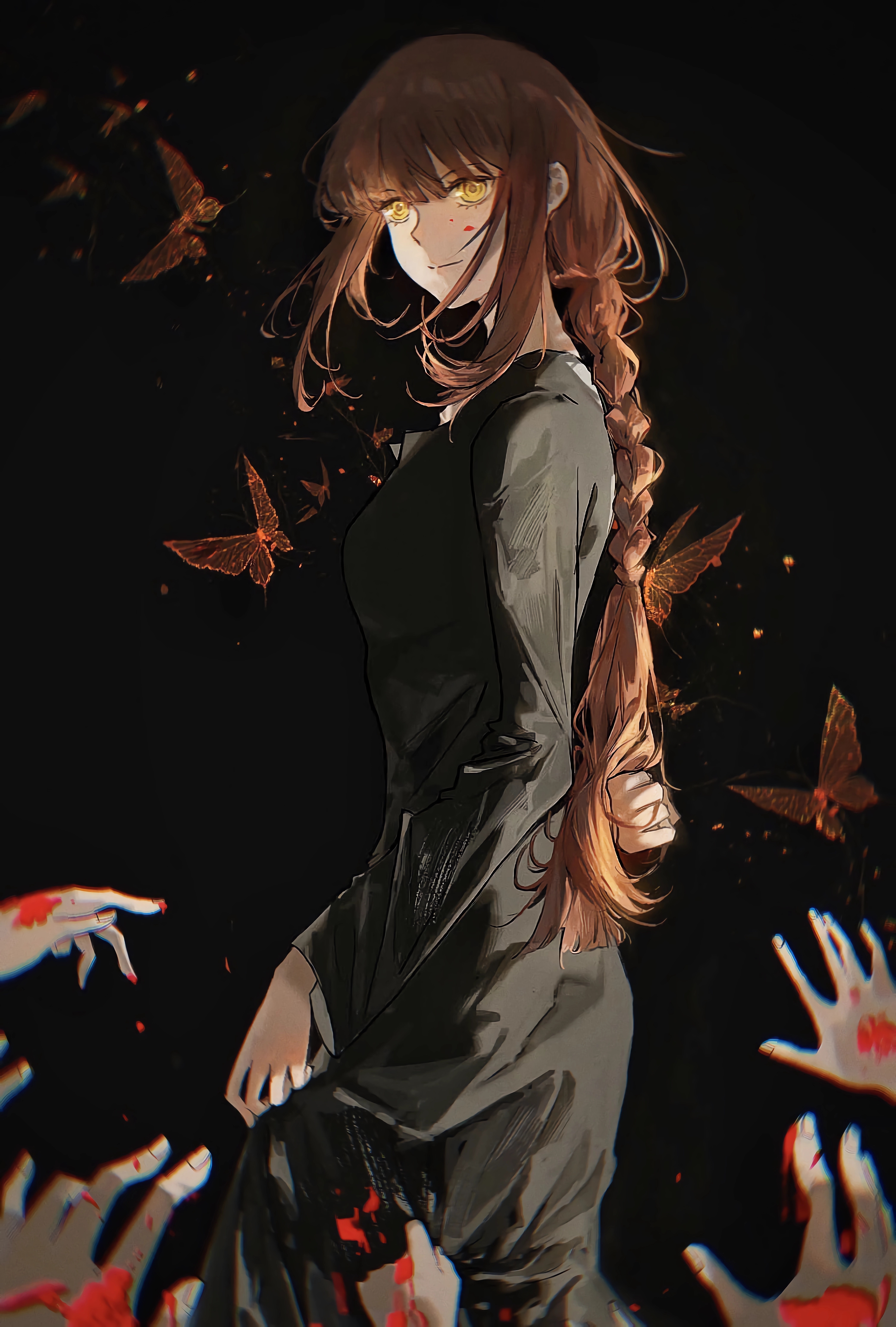 Makima with yellow eyes and braids surrounded by butterflies HD Phone Wallpaper