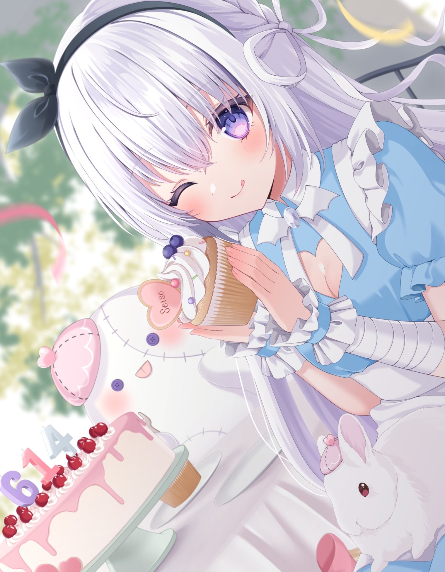 Girl in blue dress holding a cupcake with a cake and rabbit HD Phone Wallpaper