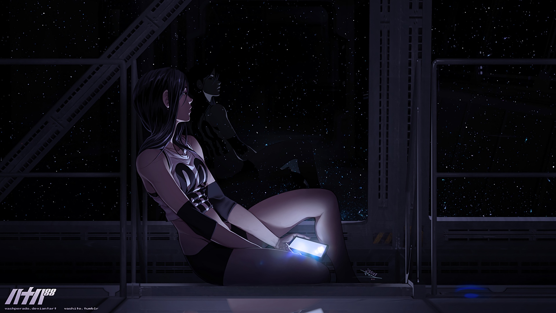 Woman in futuristic spaceship looking at stars HD Wallpaper