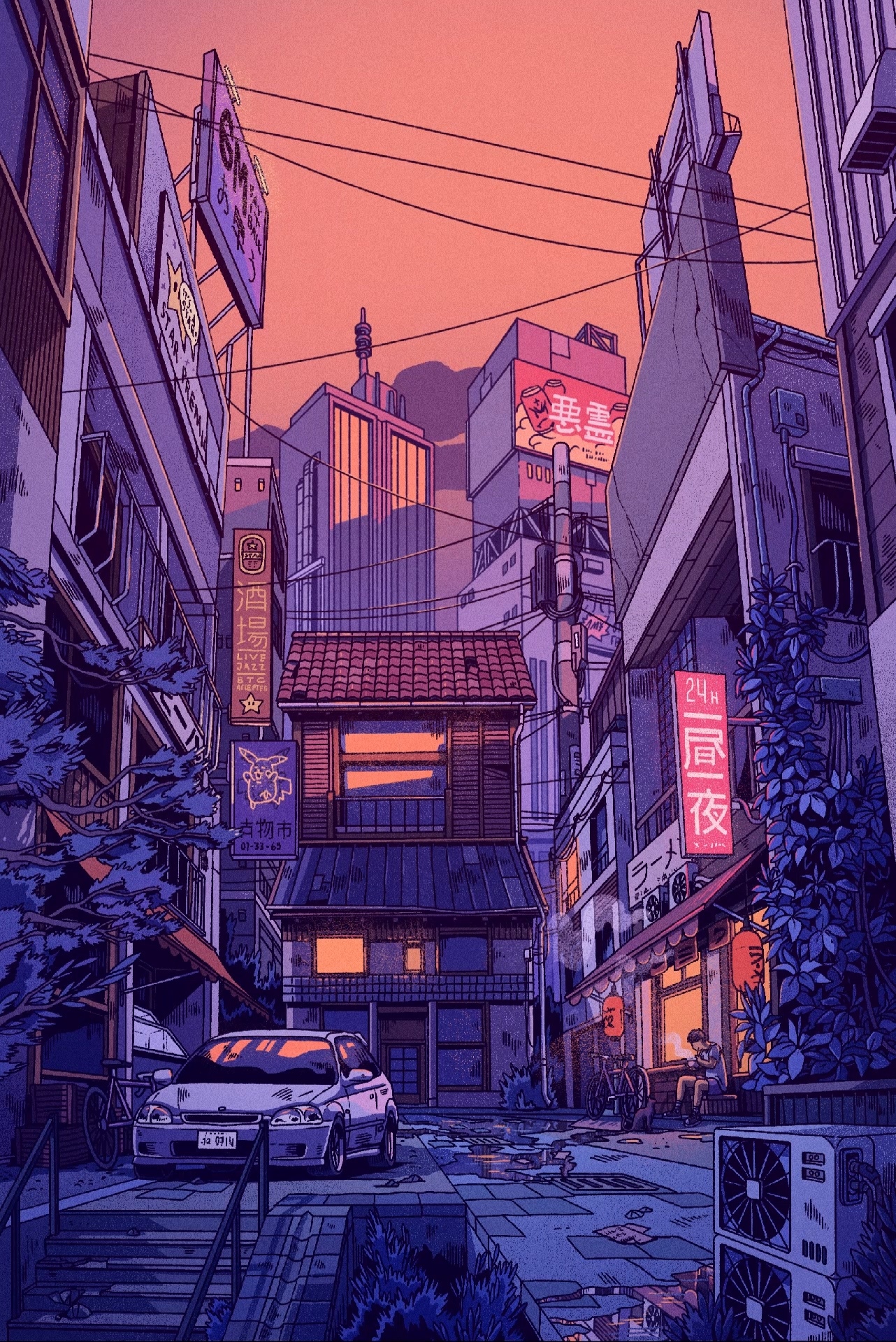 Anime street scene with Honda Civic and neon signs HD Phone Wallpaper