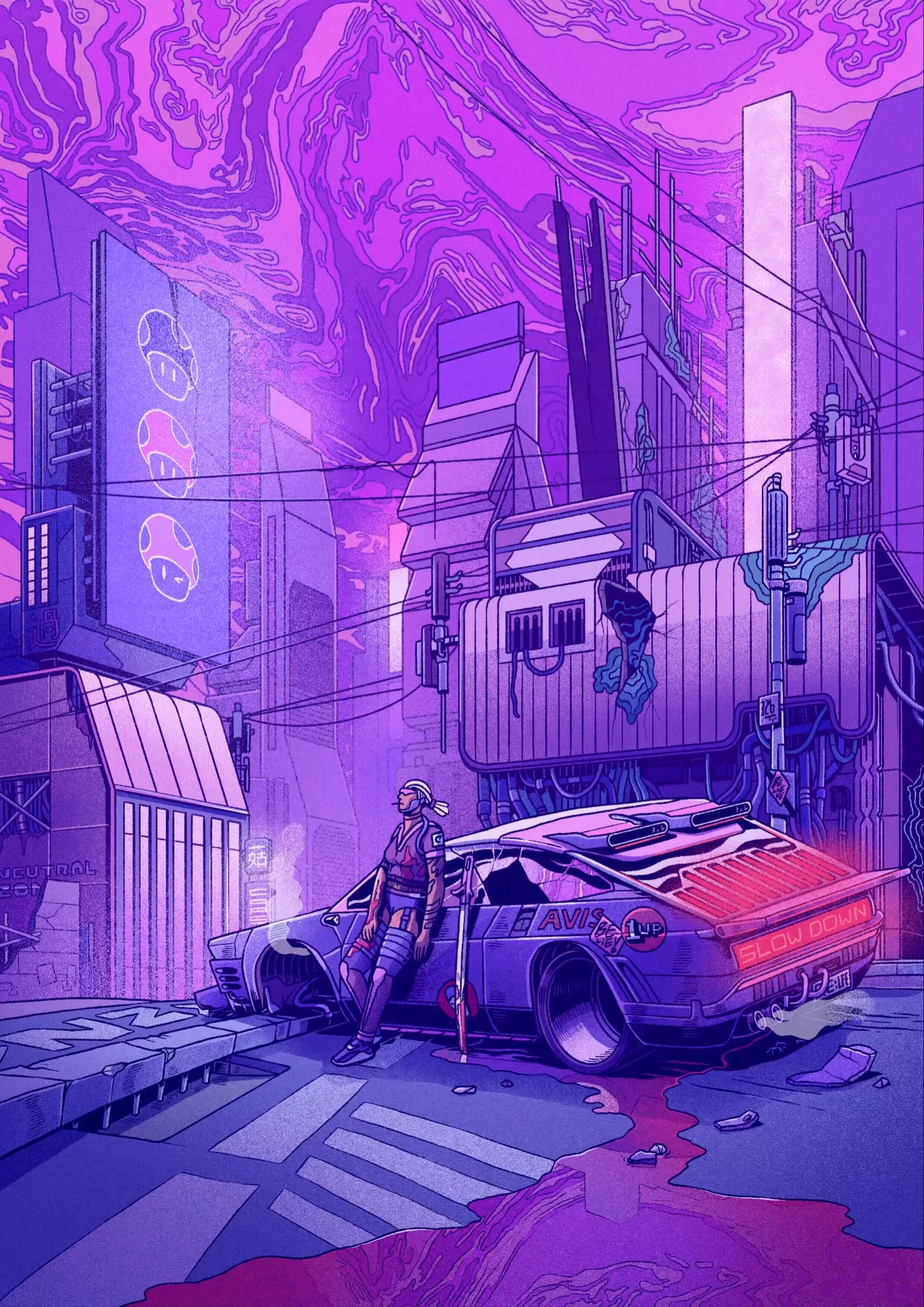 Futuristic city with a person and a car HD Phone Wallpaper