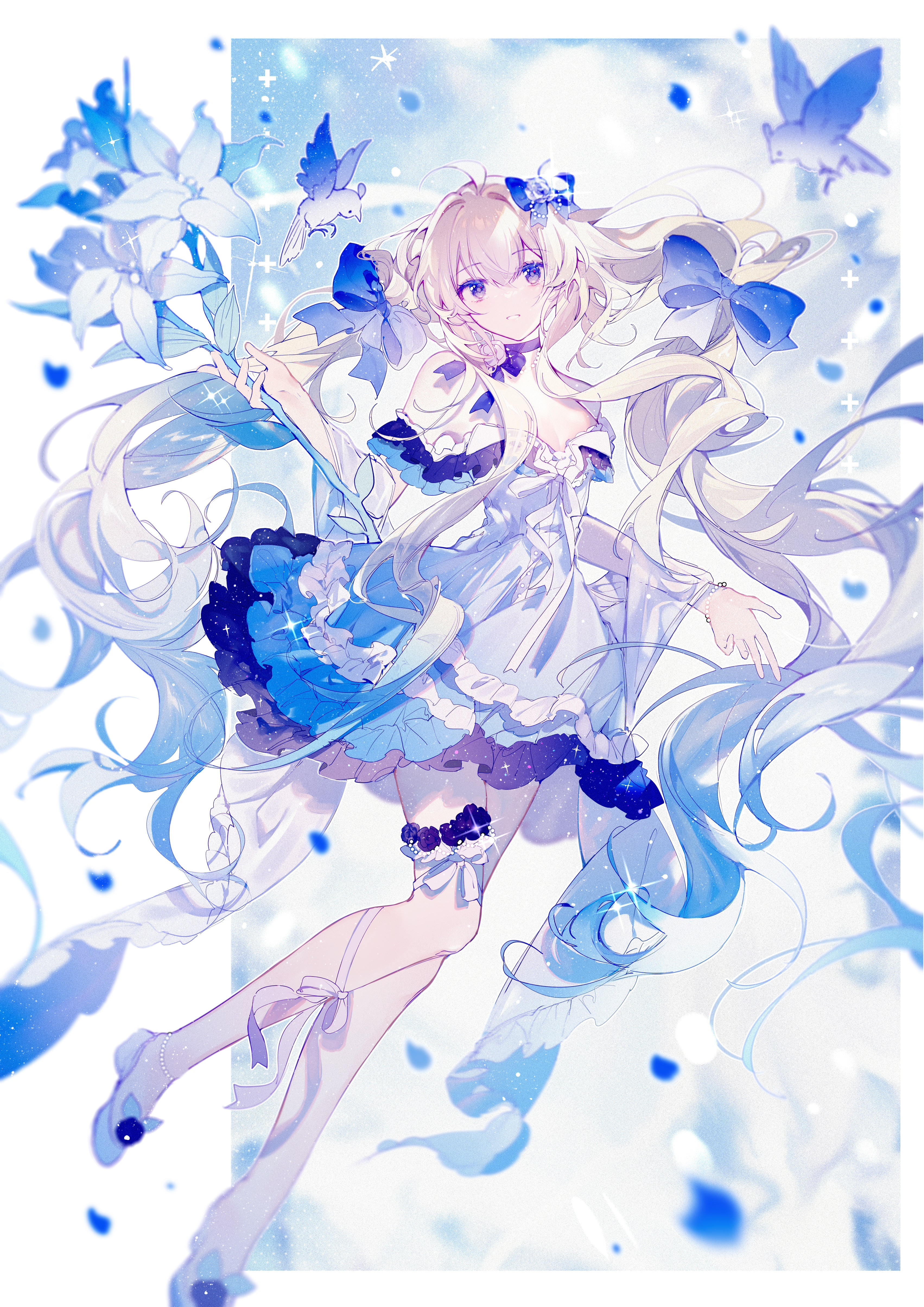 Anime girl with flowers and birds HD Phone Wallpaper
